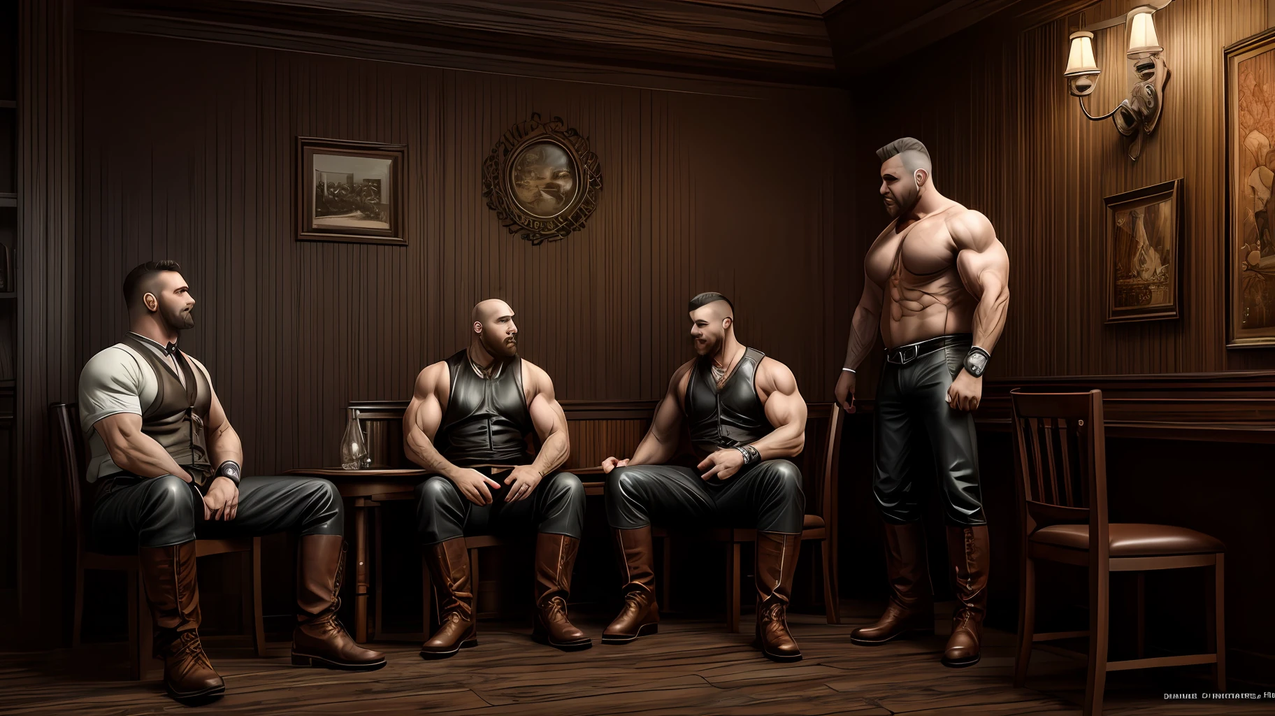 Group people, gay aesthetic, 8k, super detail, A portrait full body of group mid age 50 yo heavy truckers love interacting each other bdsm gears, leather collar, harness, medium hair shaved sides, Strong, muscular, hairy big belly bodybuilder, jockstrap showing very hairy pubs groin area, bulge, leather boots, gloves, epic realistic, photo, faded, neutral colors, ((((hdr)))), muted colors, intricate scene, artstation, intricate details, vignette