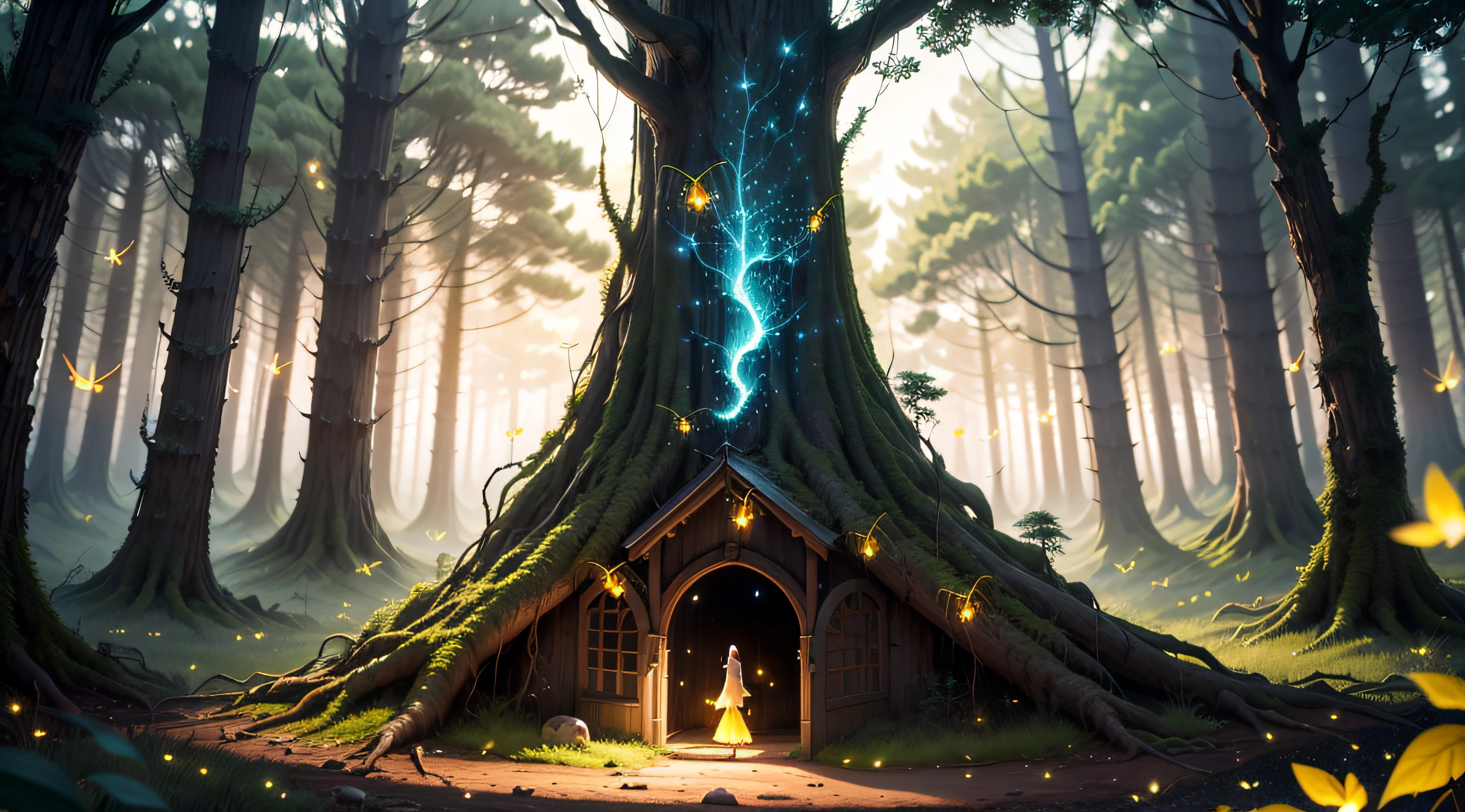 masterpiece, best quality, high detail, 8k, ethereal forest with giant ghostly trees, transparent vague figures, stars, (yellow fireflies:1.3), bright fairies --auto