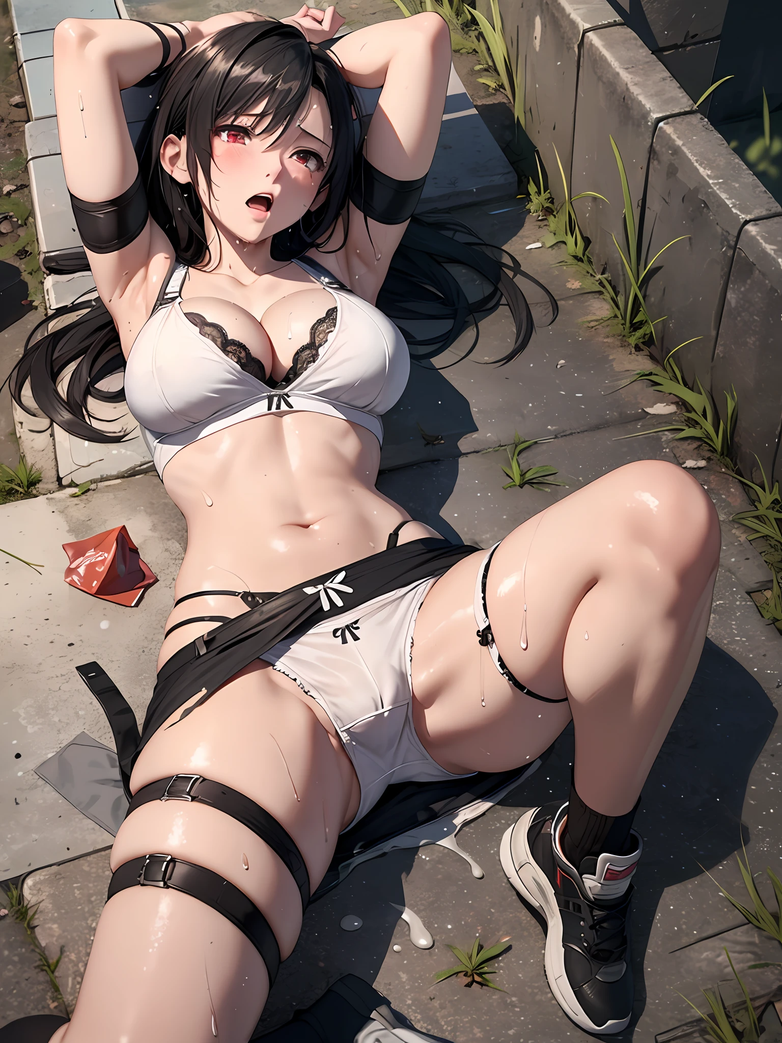 8k,masterpiece, bset quality,big, (1 girl), tifa lockhart, red_eyes, black hair, long hair, masterpiece, ultra high definition, young woman, one, exposed cleavage, soft breasts, overflowing sperm, open legs, open crotch, open knees, embarrassing, blush, masturbation, misaligned bra, sweaty, wet underwear, masturbation, sperm taken, Hands in underwear, mucus, glaring, lying down, back alley, disheveled clothes, torn clothes, white underwear, tears, frightened