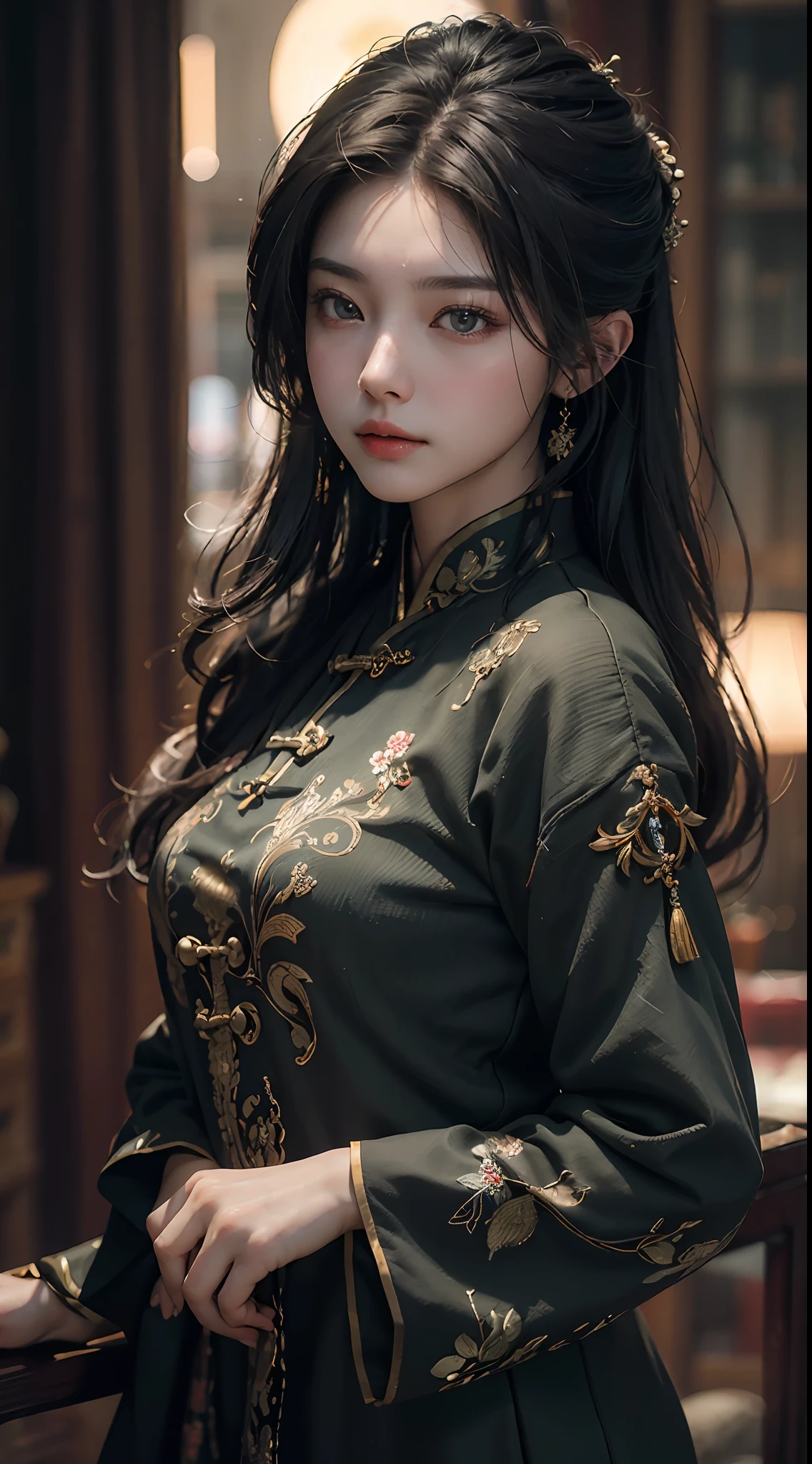 Best quality, (RAW photo: 1.2), (Masterpiece: 1.4), (Realistic: 1.4), (High resolution: 1.4), Chinese actress Guli Naza, depth of field, intricate details, 8k, very detailed, perfect lighting, epic background, black Zhongshan suit