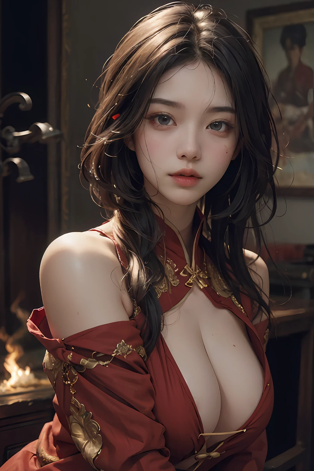 (RAW photo, best quality), (realistic, photo-realistic:1.3), best quality, highly detailed, masterpiece, ultra-detailed, illustration, 1girl, upper_body, dynamic angle, world mastery theater, messy_long_hair,best quality, extremely detailed CG unity 8k壁纸，墨水，惊人，电影灯光，lens_flare，dunhuang_style，large boobs, no bra, red clothes,