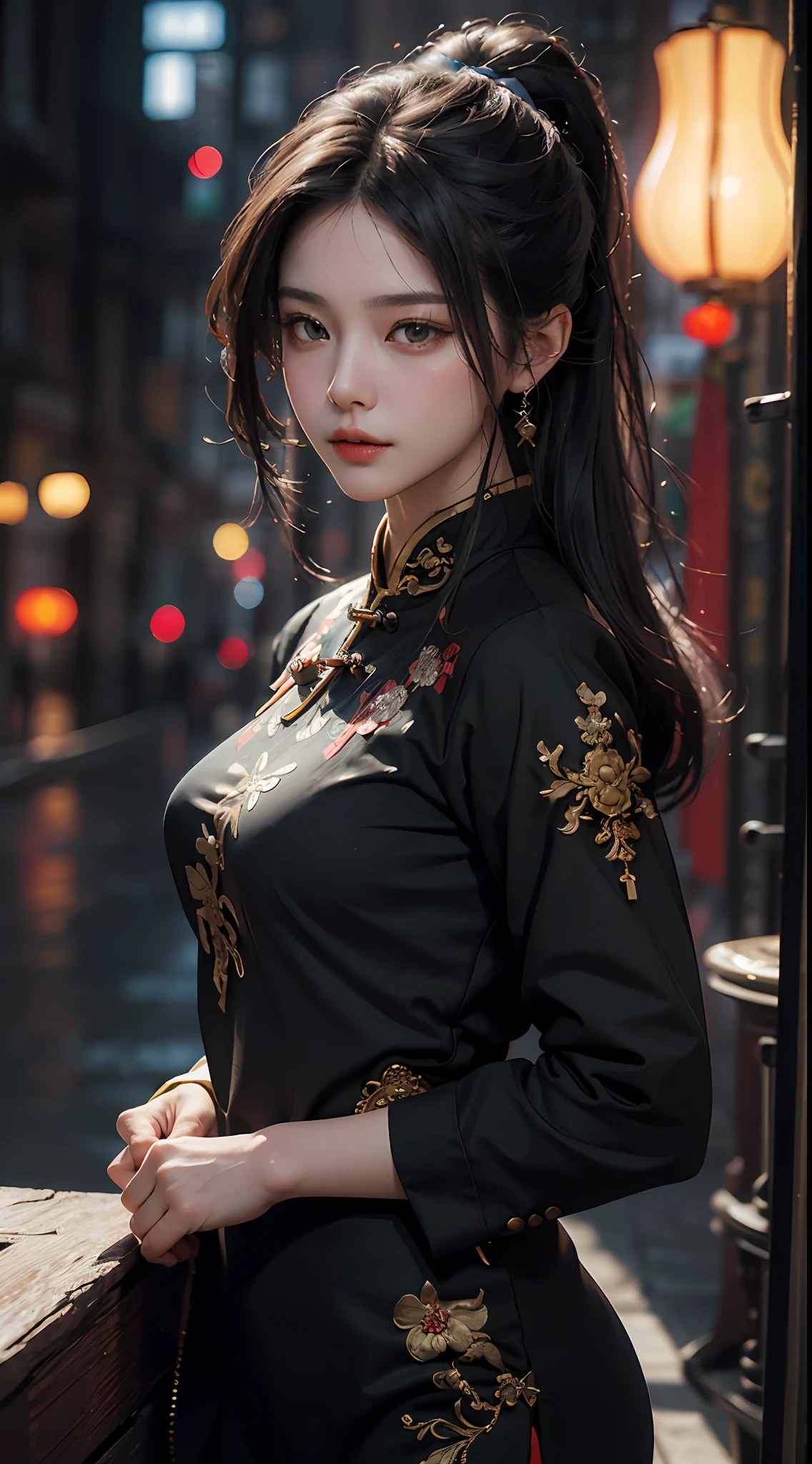 Best quality, (RAW photo: 1.2), (Masterpiece: 1.4), (Realistic: 1.4), (High resolution: 1.4), Chinese actress Guli Naza, depth of field, intricate details, 8k, very detailed, perfect lighting, epic background, black Zhongshan suit