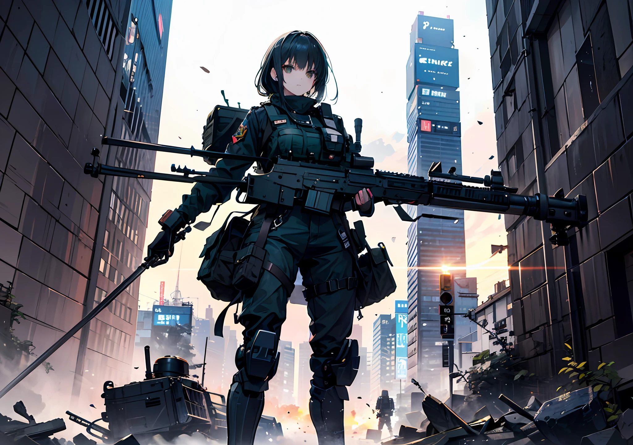 {{Masterpiece, top quality, highly detailed CG, unified 8k wallpaper, movie lighting, lens flare}}, (1 girl soldier holding an anti-tank rifle), wide view, thick body, Photorealistic: 1.4, long branded hair, green eyes, aiming accuracy 1.4, H&K HK416 carbine, direct light, on rubble, Night footage with f/1.8 lens flare, shot at 35mm depth of field ((Shinjuku in battle by Special Forces SWAT)), (sniping a huge military robot visible through a gap in buildings),