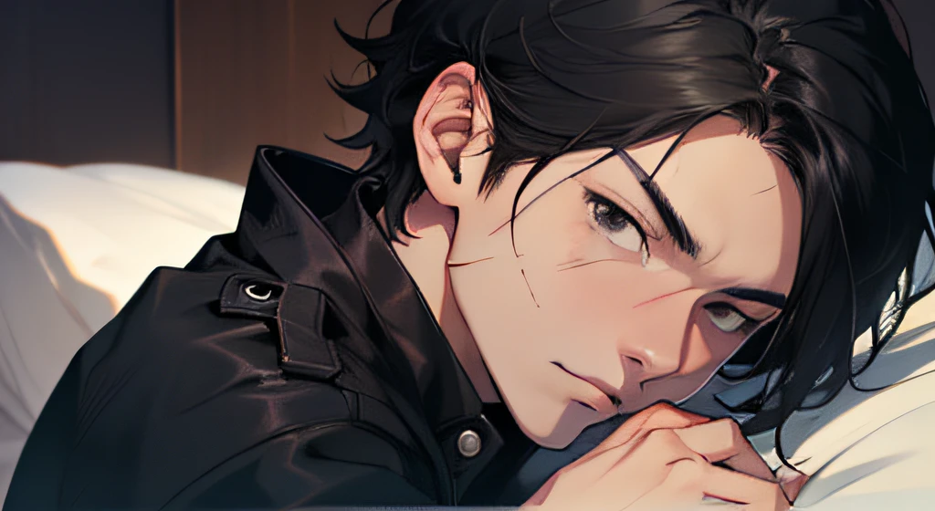 ((Best Quality: 1.0), (Super High Resolution: 1.0)), anime style, boy with short black hair, black eyes, black trench coat, sitting on the edge of the bed, hands holding head, expression painful