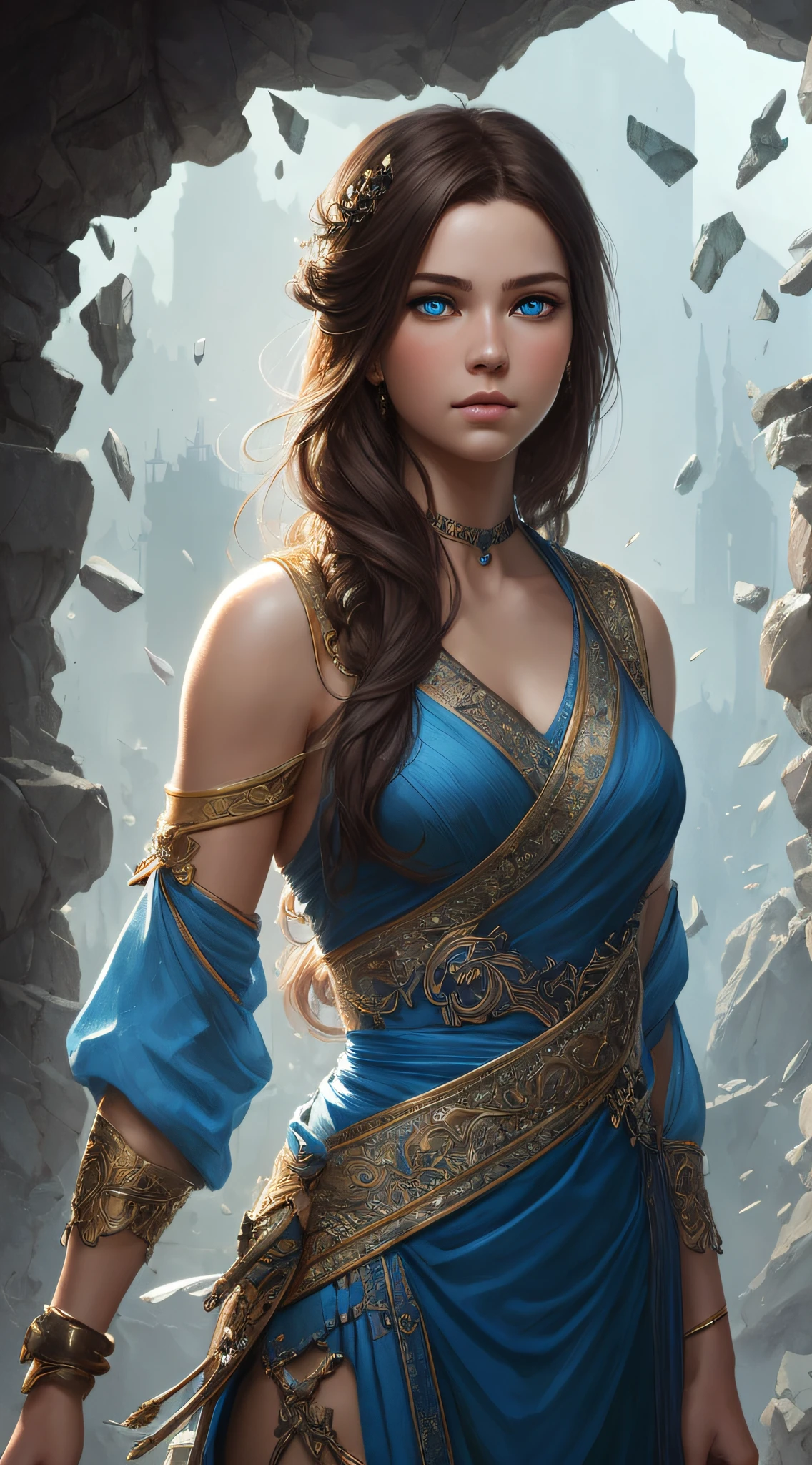 Illustration of warrior princess, 8k of a beautiful brown hair, intricate, elegant clothes, highly detailed, majestic, digital photography, art by artgerm and ruan jia and greg rutkowski surreal painting, broken glass (masterpiece, side lighting, beautiful finely detailed blue eyes: 1.2 ), hdr, --auto