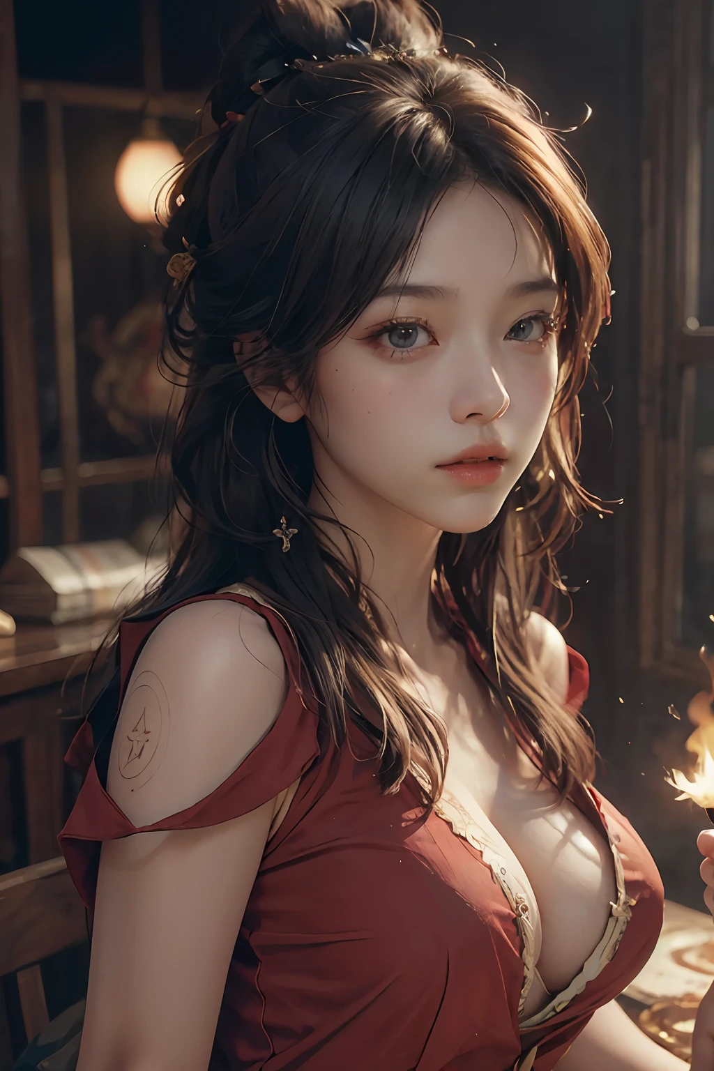 (RAW photo, best quality), (realistic, photo-realistic:1.3), best quality, highly detailed, masterpiece, ultra-detailed, illustration, 1girl, upper_body, dynamic angle, world mastery theater, messy_long_hair,best quality, extremely detailed CG unity 8k壁纸，墨水，惊人，电影灯光，lens_flare，dunhuang_style，large boobs, no bra, red clothes,