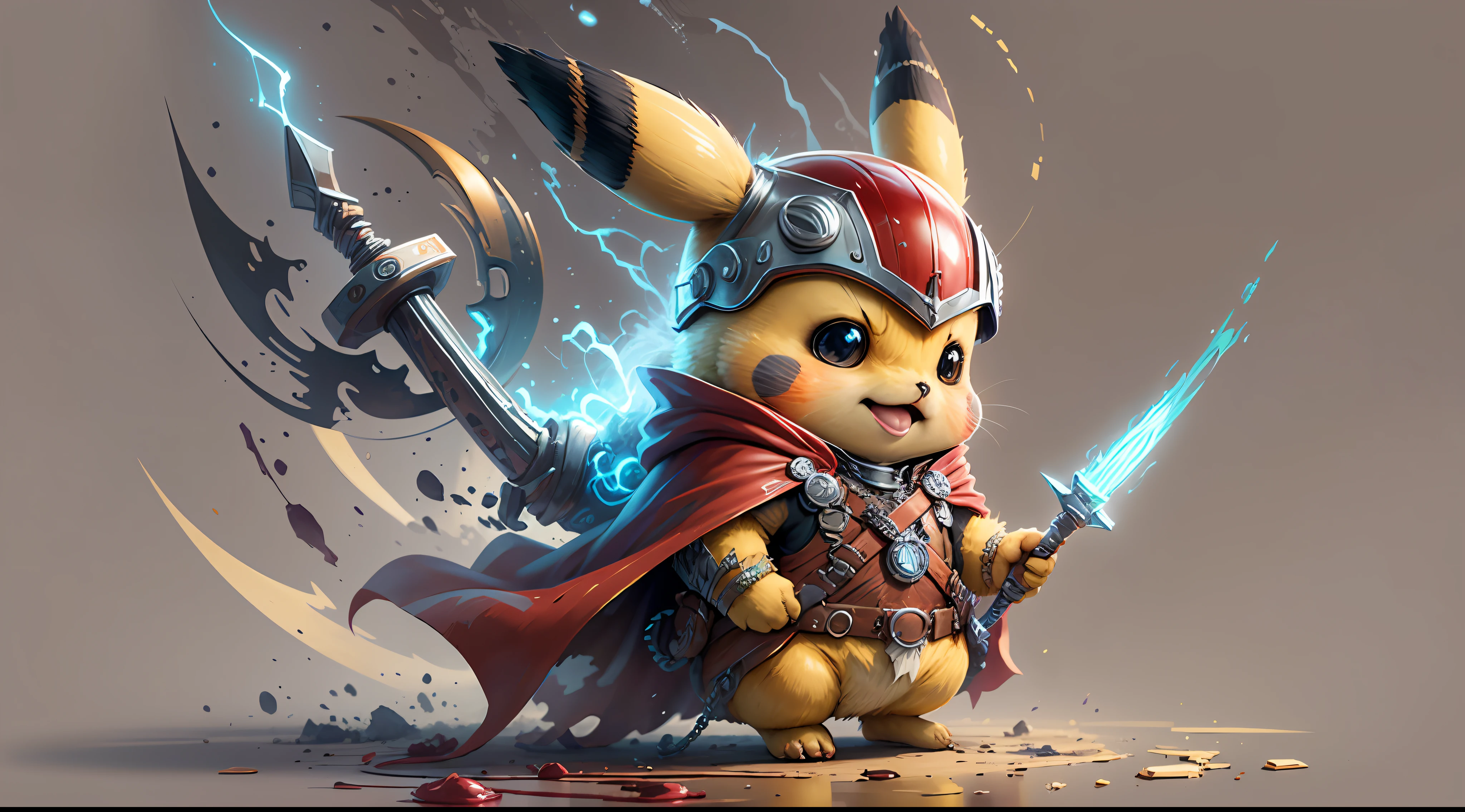 Start with a basic sketch of Pikachu, with a Thor hammer in one hand and wearing a red cape with gold accents. Add some Thor features such as a helmet with wings and boots with metal details to add a more authentic touch to the character. To give Pikachu a fluffy touch, overdo the dimensions of his head and ears and add rosy cheeks. Use vibrant, cheerful colors to bring your drawing to life, with shadows and highlights that create depth and texture. Add a simple background. To finish, add some clean and crisp lines that highlight the characteristics of the character and add a more "cartoon" touch to the drawing.