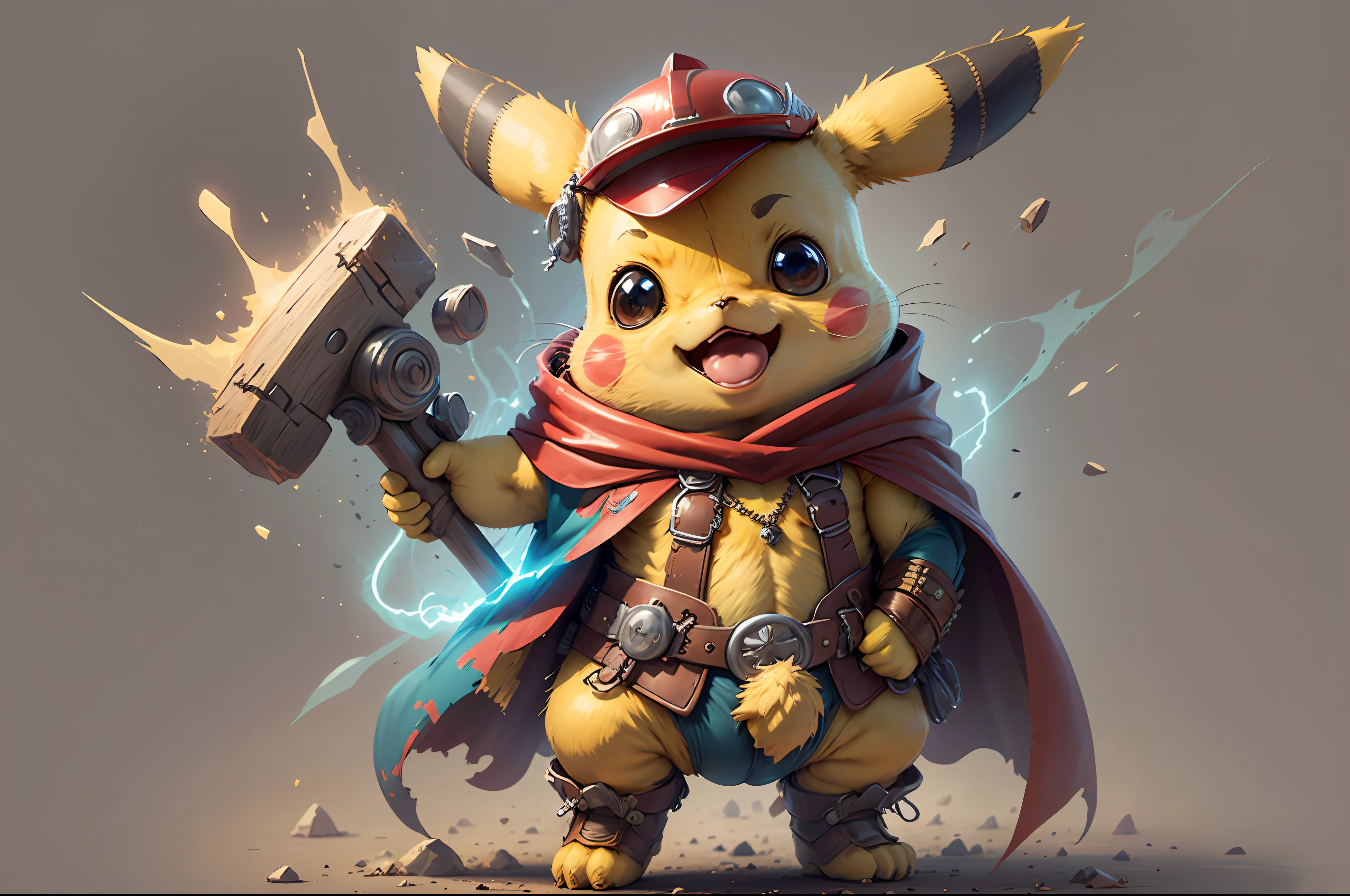 Start with a basic sketch of Pikachu, with a Thor hammer in one hand and wearing a red cape with gold accents. Add some Thor features such as a helmet with wings and boots with metal details to add a more authentic touch to the character. To give Pikachu a fluffy touch, overdo the dimensions of his head and ears and add rosy cheeks. Use vibrant, cheerful colors to bring your drawing to life, with shadows and highlights that create depth and texture. Add a simple background. To finish, add some clean and crisp lines that highlight the characteristics of the character and add a more "cartoon" touch to the drawing.
