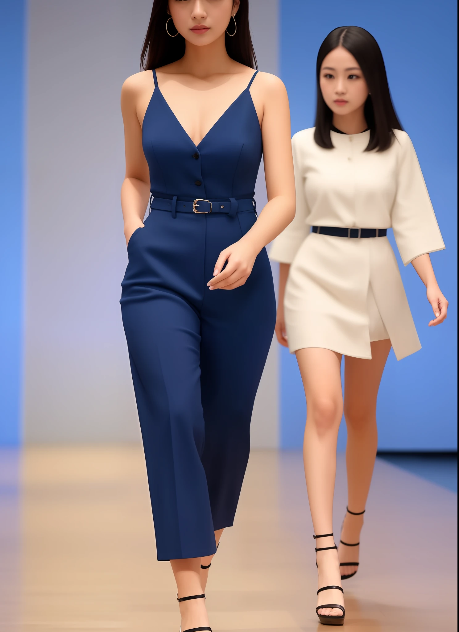 European style, office industry, professional uniform, fashionable style, clear lines, blue background, simple atmosphere, require a full set of effects, use more suitable models to show, walking on the catwalk, catwalk walking, stage walking, the front can see the overall effect, the customer wants the overall effect, the customer requires the front, the overall effect can be seen clearly, can see the style at a glance,