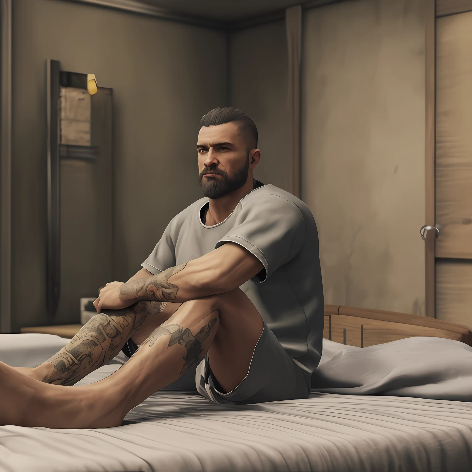 A realistic character in 8K sitting on a bed in a prison with his arm with a wound looking sick --auto