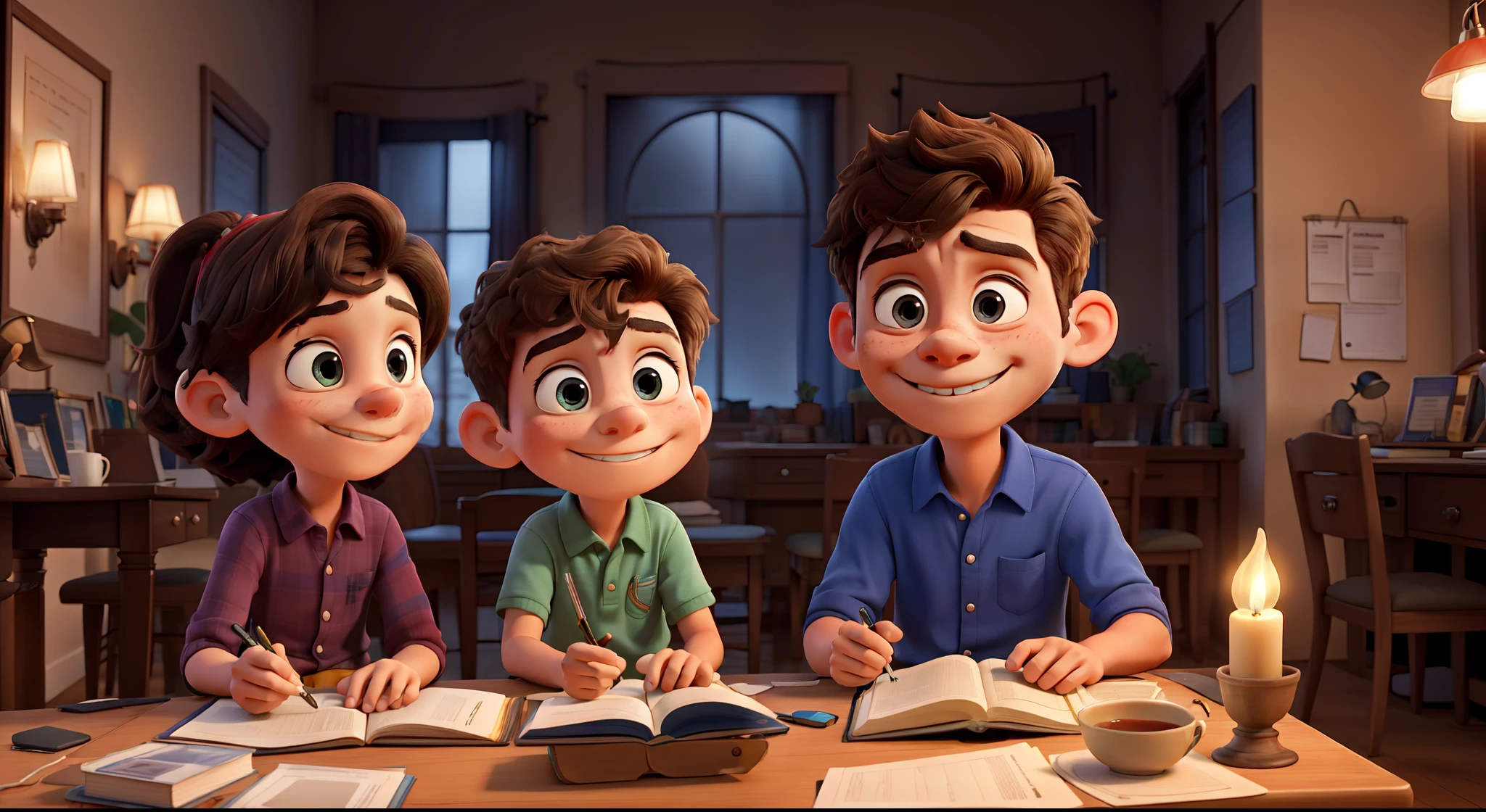 Boy, sitting at a wooden table in a cozy study. The room was filled with books neatly arranged on shelves, and a soft lamp illuminated the entire area. The boy was engrossed in his studies, flipping through several pages of the textbook and frowning intently. His parents stood by his side, silently encouraging and supportive. With a smug smile on his face, the father occasionally leaned over and pointed to something in the textbook to offer additional explanations. The mother holds a cup of warm tea and watches intently, ready to help or answer any questions that may arise. The room was filled with a quiet and studious atmosphere, and the three embraced the joy of studying together. --auto