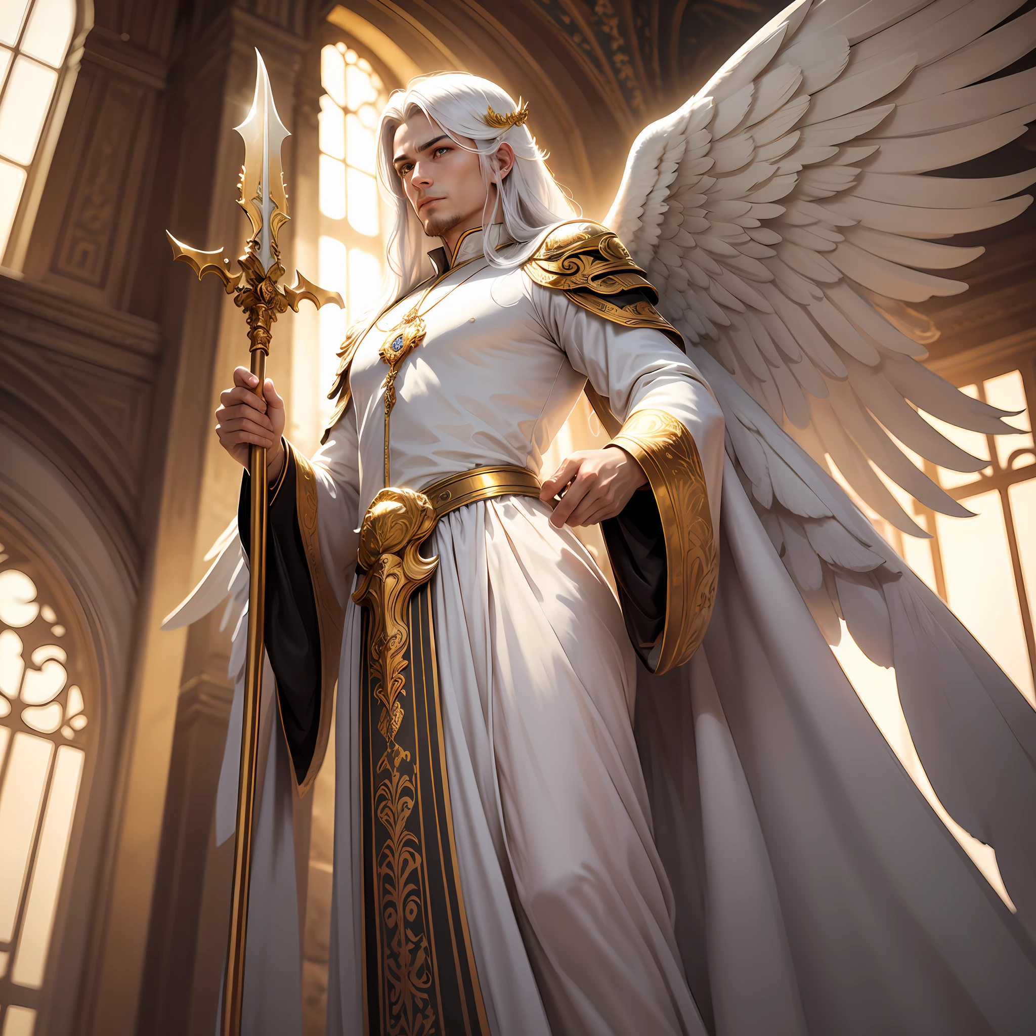 angel in heaven, male angel, age 35, four wings, giant wings, 4 wings, holding a golden spear, view from below, descending from the heavens, looking down, serene look, long white hair, long ornate clothes, white clothing with golden details, spear in left hand, open right arm, silver spear with golden details, 8k, ultrarealistic, masterpiece,  detailed face, soft colors, rays of light behind angel, big pointed spear, long handle --auto