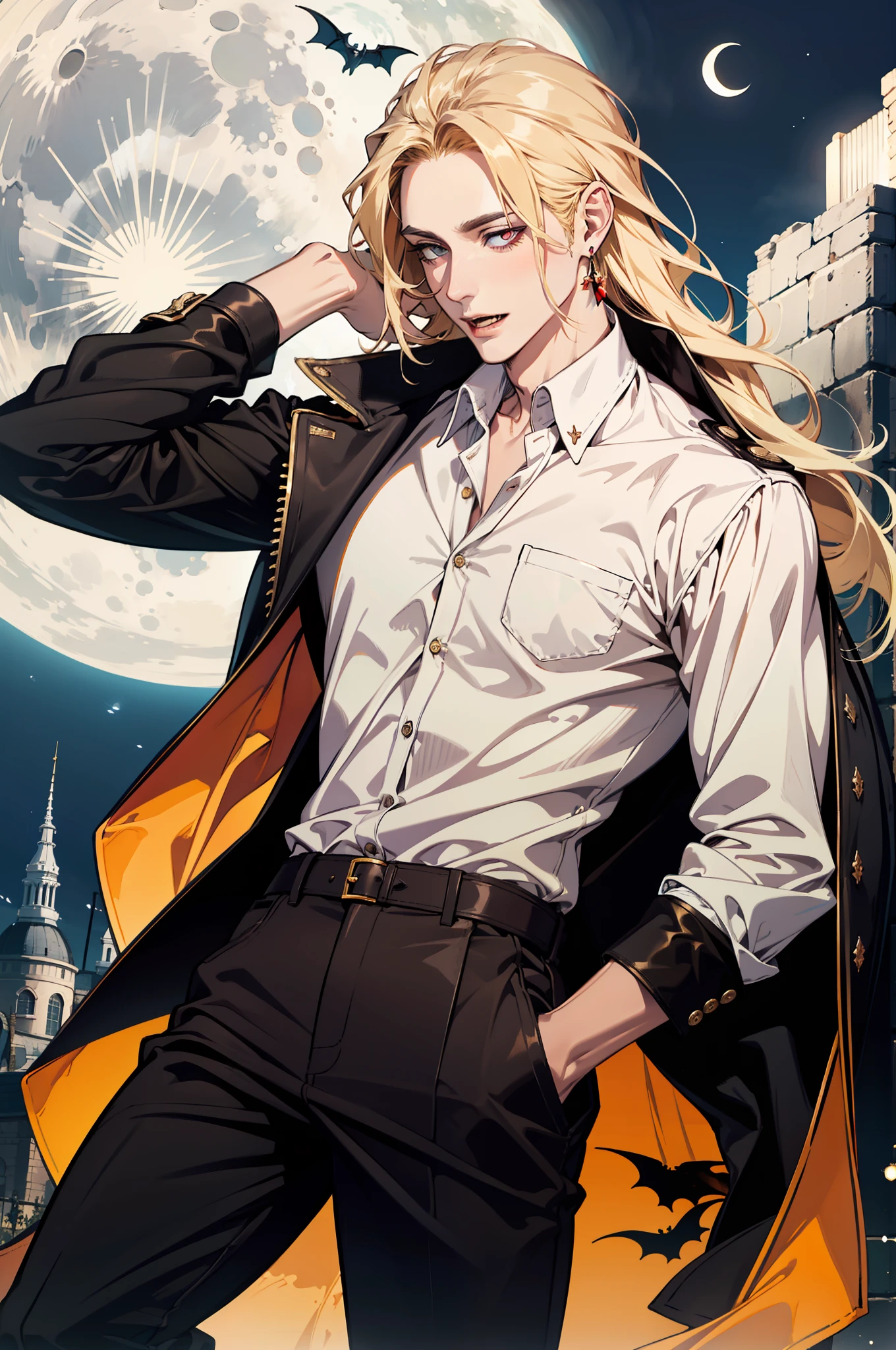 (absurdres, highres, ultra detailed), 1man, 30 years old man, adult man, handsome, tall,, finely detailed eyes and detailed face, brown leather pants, white shirt, night, smile, dutch angle, ((long hair, blonde hair)), moon, gold details, earrings, gothic, vampire, vampire prince, dark, simple clothes, looking at the view, pale skin, red detailed eyes, (masculine), sexy, elegant, long bangs, open mouth