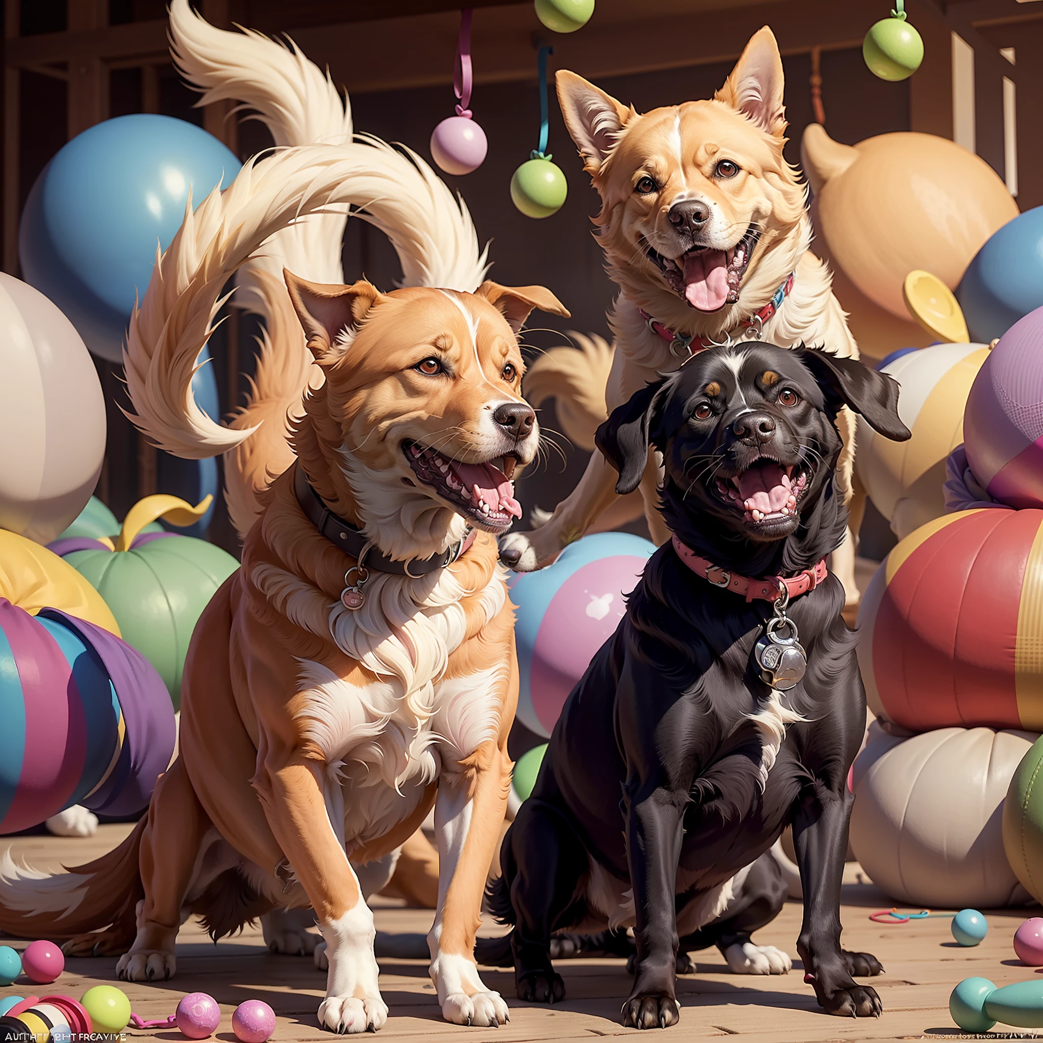 In the center, a heartwarming image of a happy, energetic dog with a wagging tail, surrounded by vibrant colors. The dog is surrounded by playful dog toys and a colorful background showcasing various dog breeds. The text overlay reads "Barking up the Right Tree: Unleash the Paw-sitivity!" in a playful font. --auto