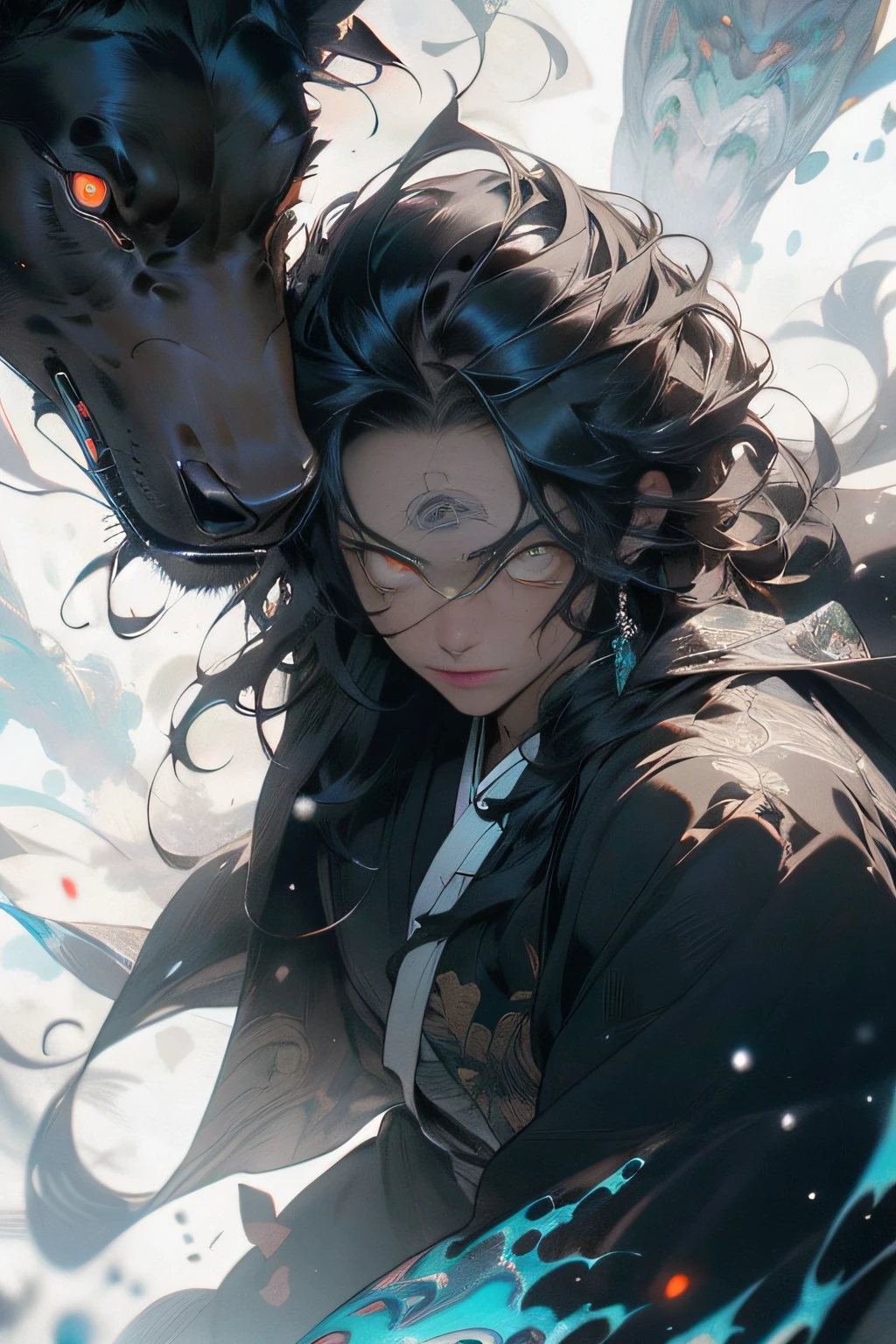 absurd, high resolution, super detailed, official art, unified 8k wallpaper, super detailed, beauty and aesthetics, master masterpiece, best quality, (zen entanglement, ice and snow, tangled, entangled), (fractal art: 1.3), photorealistic painting, (master masterpiece, top quality, best quality, official art, beauty and aesthetics: 1.2), very detailed, fractal art, variegated, most details, zentangle, (abstract background: 1.5), gods, long black hair, handsome man, white skin, black robe, greatsword, (red glowing eyes), magic,