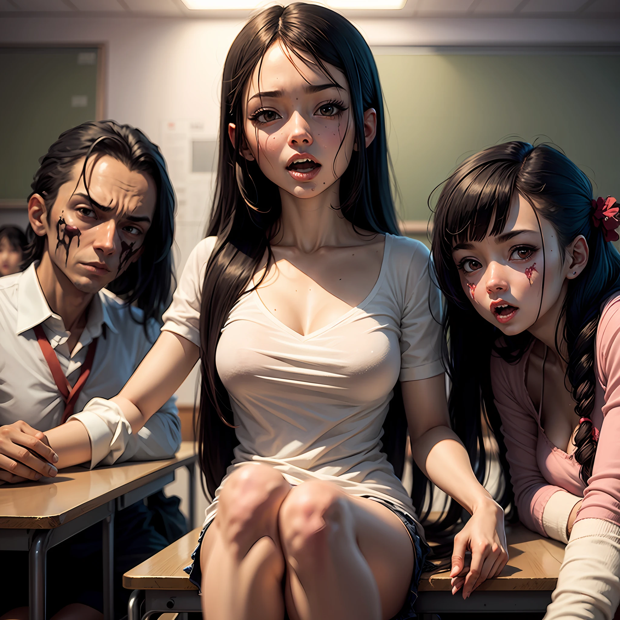 Black-haired anime girl in classroom surrounded by anime zombies, tearing and biting