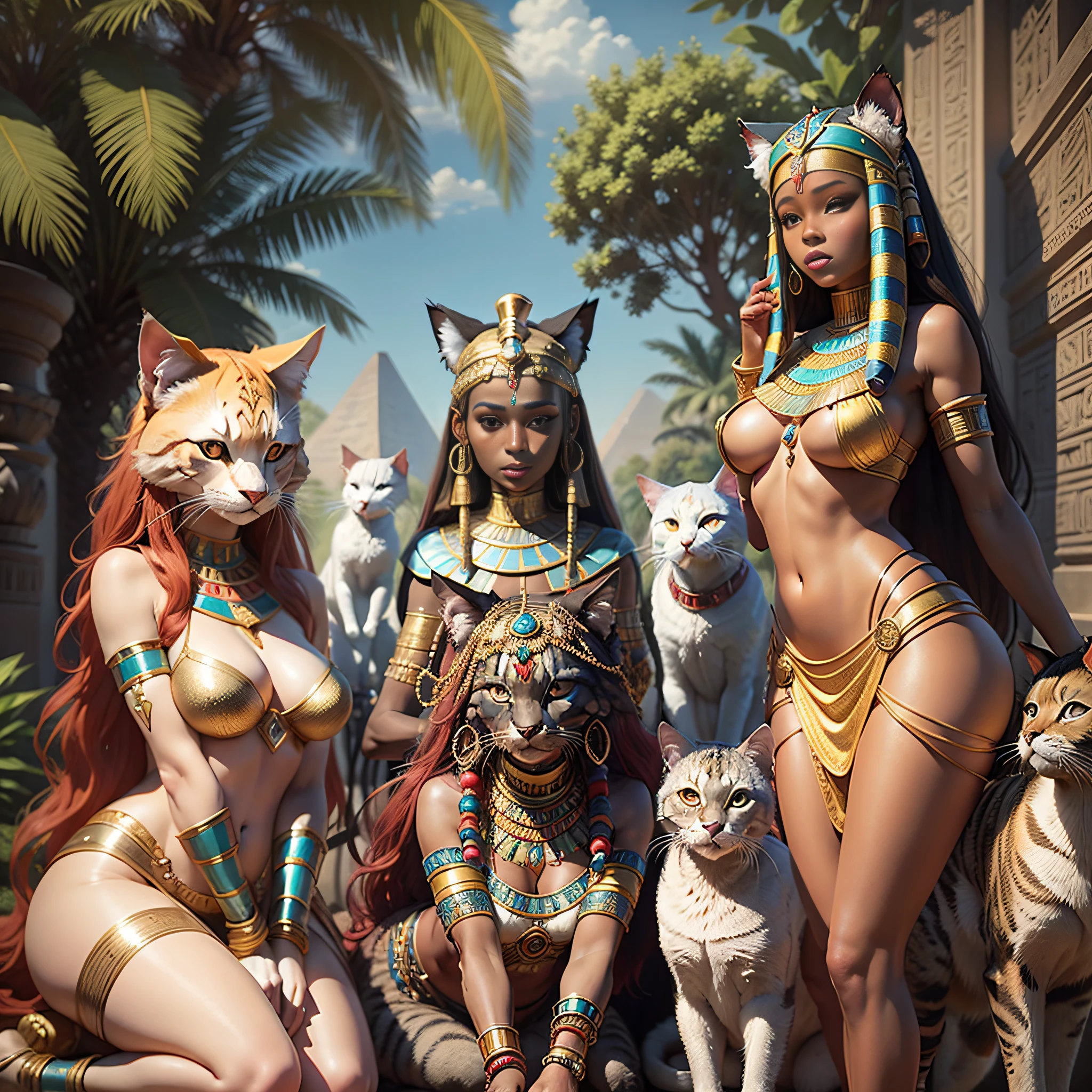 An Egyptian goddess, black skin, red hair with felines around it, goddess Sekhmet, goddess, pagan goddess, beautiful Cleopatra, goddess. Extremely high detail, tall fine beautiful goddess, kemetic, goddess sekhmet beautiful goddess, goddess of love of peace, extremely detailed goddess, goddess of wisdom, beautiful Egyptian goddess