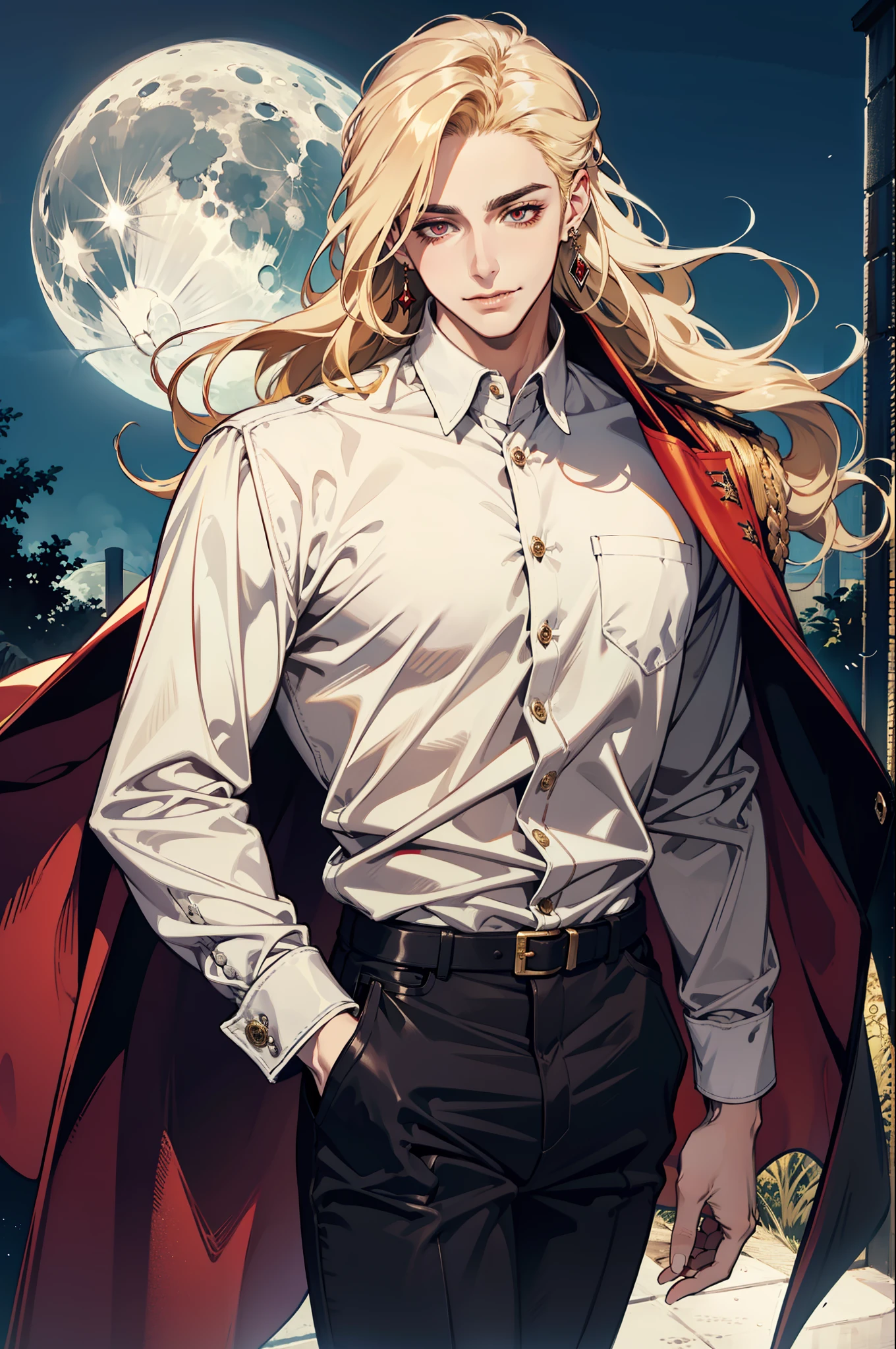 (absurdres, highres, ultra detailed), 1man, 30 years old man, adult man, handsome, tall,, finely detailed eyes and detailed face, brown leather pants, white shirt, night, smile, dutch angle, ((long hair, blonde hair)), moon, gold details, earrings, gothic, vampire, vampire prince, dark, simple clothes, looking at the view, pale skin, red detailed eyes, (masculine), sexy, elegant, long bangs