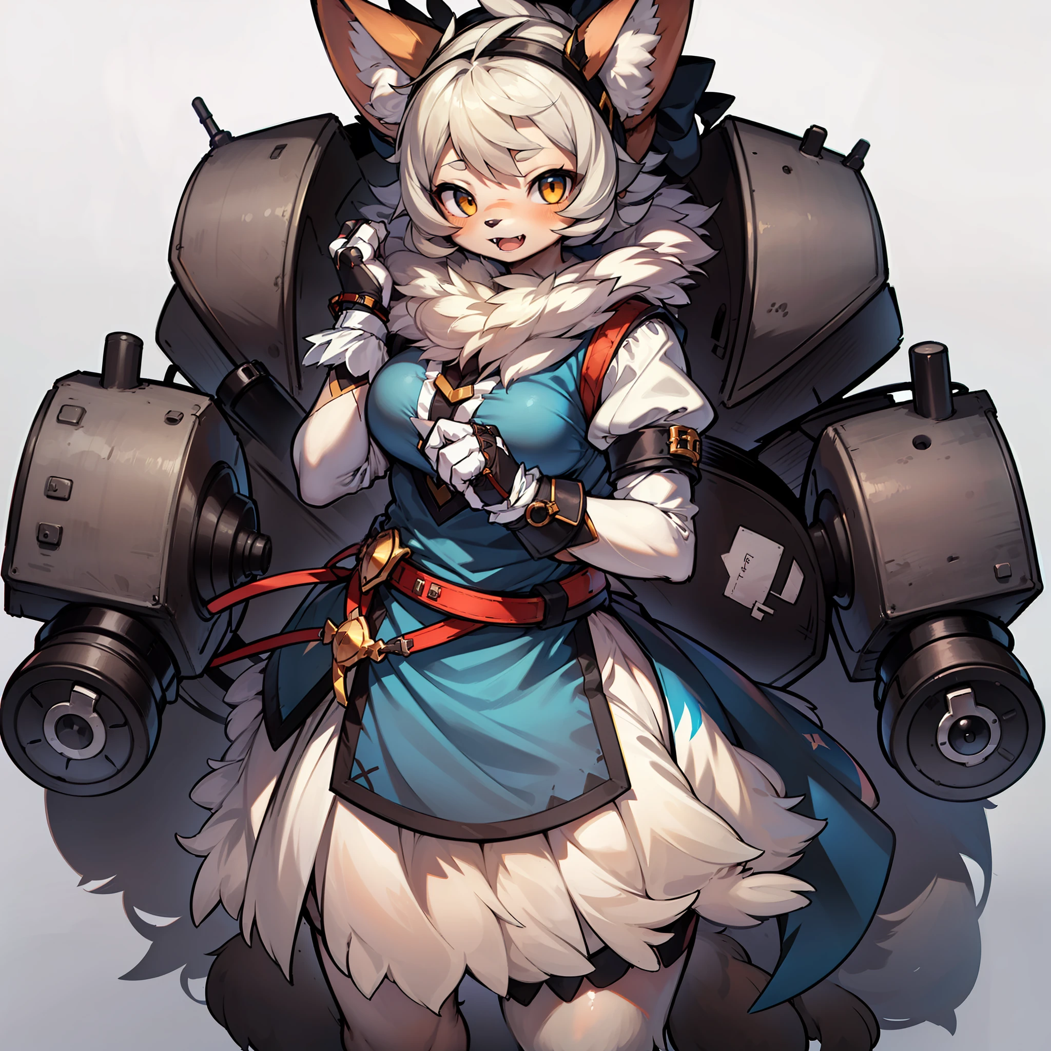 (1 girl :1.5) , in clothes like 2B, (mechanized large steel arms: 1.5), (fluffy furry: 1.8), yellow bright eyes, very detailed, perfect quality, fur at the hem of the skirt, (shepherd dog: 1.5)