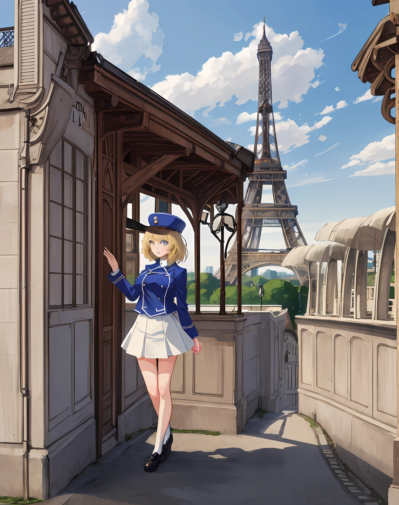 Oshida , 1Girl , Solo,pretty face, Blonde hair , Short hair , Blue eyes , BC Free Uniform , White skirt , Hat , Paris , Eiffel Tower , Cowboy shot ,