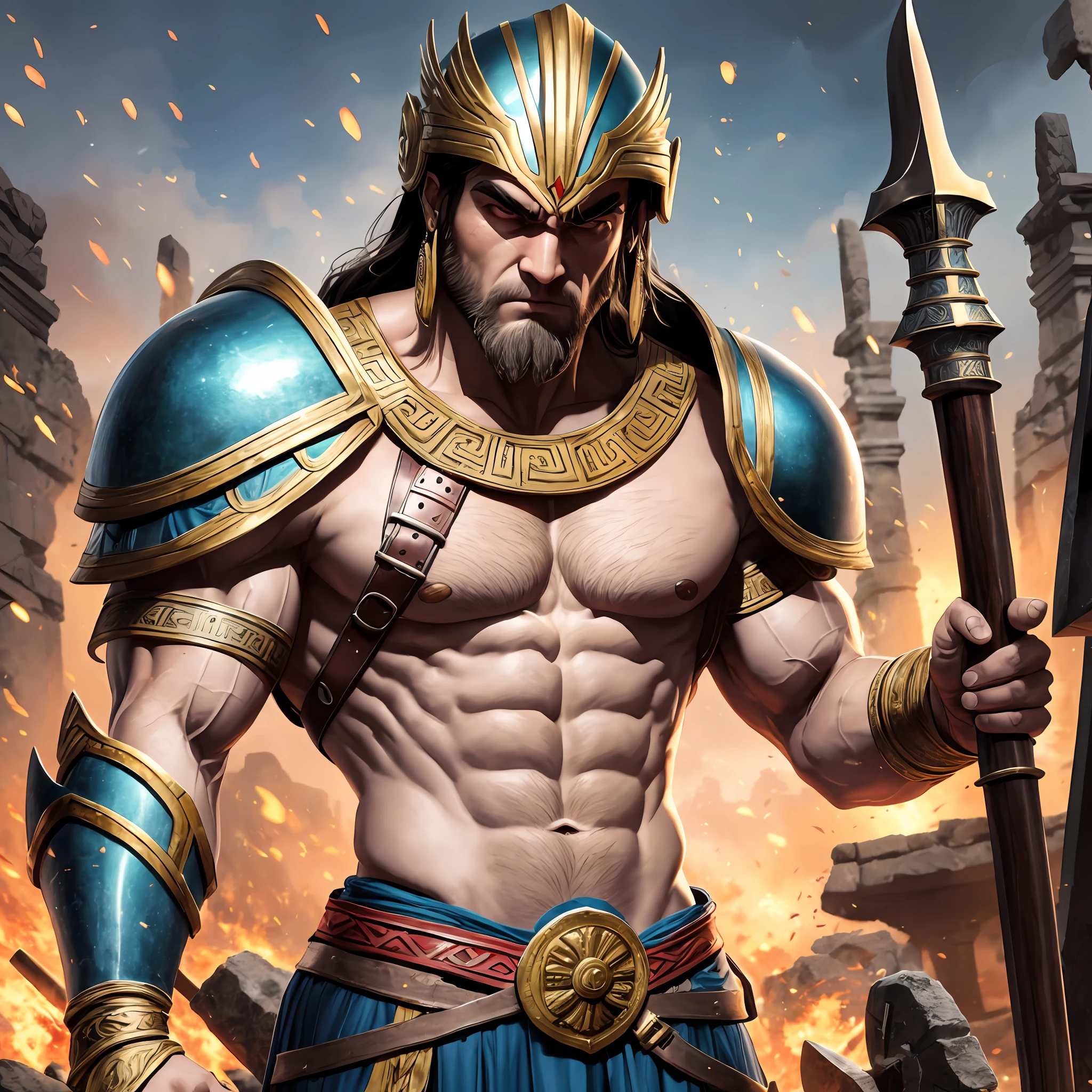 "One young male god of war and destruction, With dark hair and dark eyes, Is musclar and tall, Looks furious and violent, brutal and passionate, Wears a ancient greek armor, Puts on a corinthian helmet, Holds a big spear, Hoplite, Ancient greek heavy infantry", Greek mythology, Ancient Thrace, battle and disorder, Super high quality, Super accurate description of hands, HDR, Photorealistic, Super detail, Masterpiece, 8K