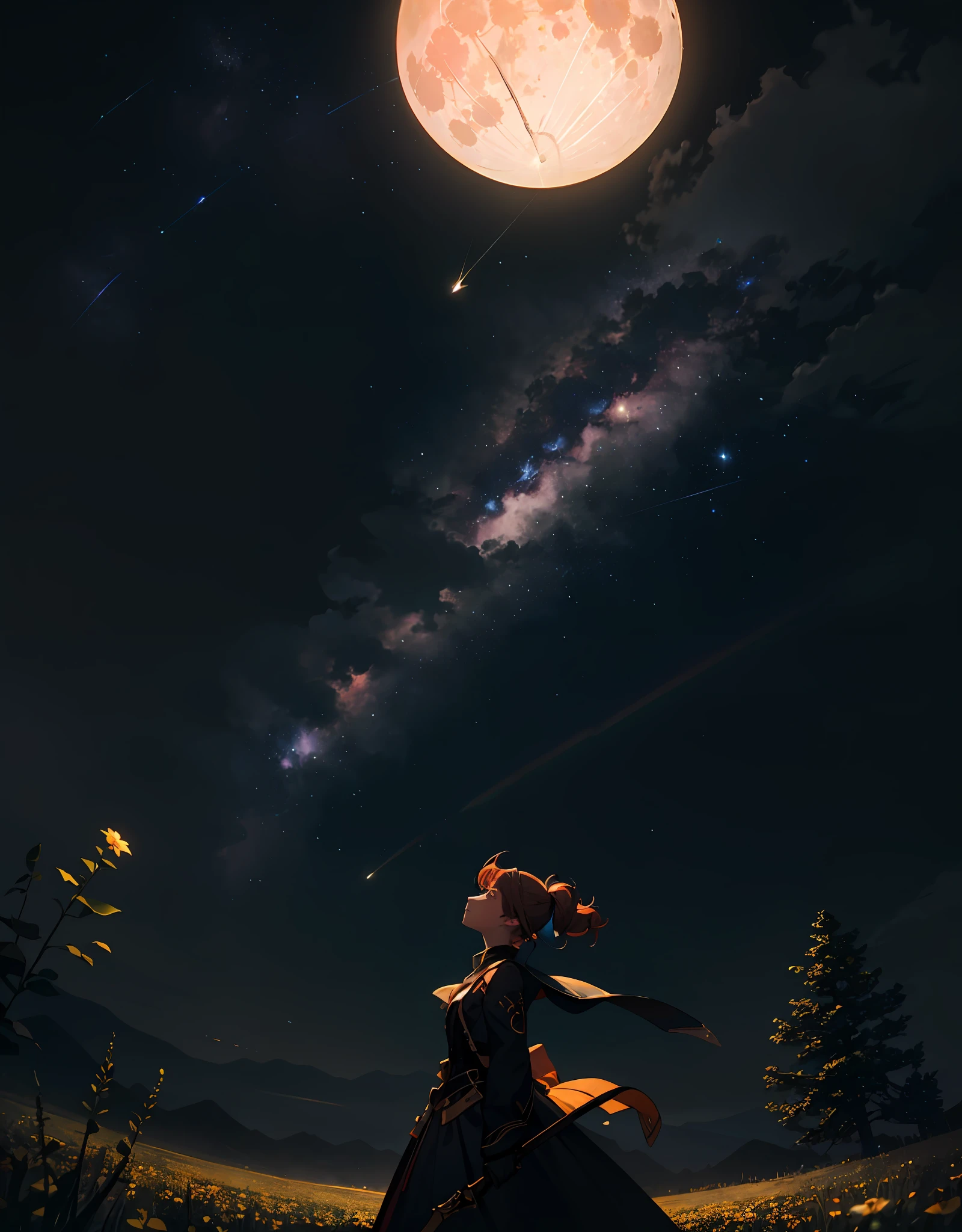 A wide landscape photo, (viewed from below, the sky is above, and the open field is below), a girl standing on a flower field looking up, (full moon: 1.2), (meteor: 0.9), (nebula: 1.3), distant mountains , Trees BREAK Crafting Art, (Warm Light: 1.2), (Firefly: 1.2), Lights, Lots of Purple and Orange, Intricate Details, Volumetric Lighting BREAK (Masterpiece: 1.2), (Best Quality), 4k, Ultra Detailed, (Dynamic Composition: 1.4), Rich in Detail and Color, (Rainbow Color: 1.2), (Glow, Atmospheric Lighting), Dreamy, Magical, (Solo: 1.2)