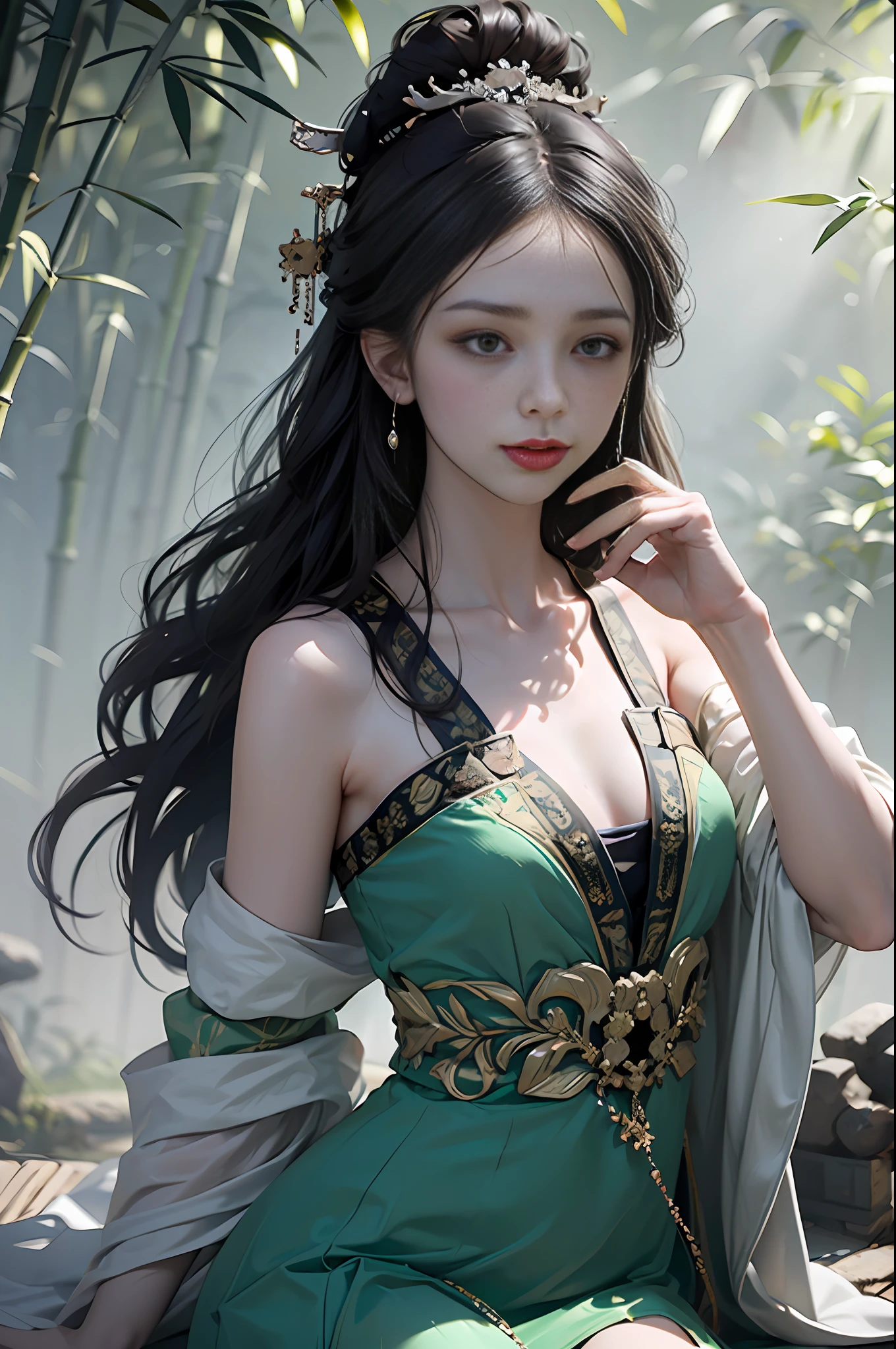 official art, Unity 8k wallpaper, super detailed, beautiful, beautiful, masterpiece, best quality, mystery, romanticism, horror, literature, art, fashion, tang dynasty era, decoration, intricate, embroidery, green hanfu, green tulle, 1 girl, big breasts, black hair, fatalism, bust composition, dramatic composition, movie lighting, dynamic perspective, sexy, bare shoulders, bare thighs, full of temptation, deep in bamboo forest, bamboo forest, bamboo leaves falling, small red flowers, bamboo forest background, cloudy mist, dramatic composition,