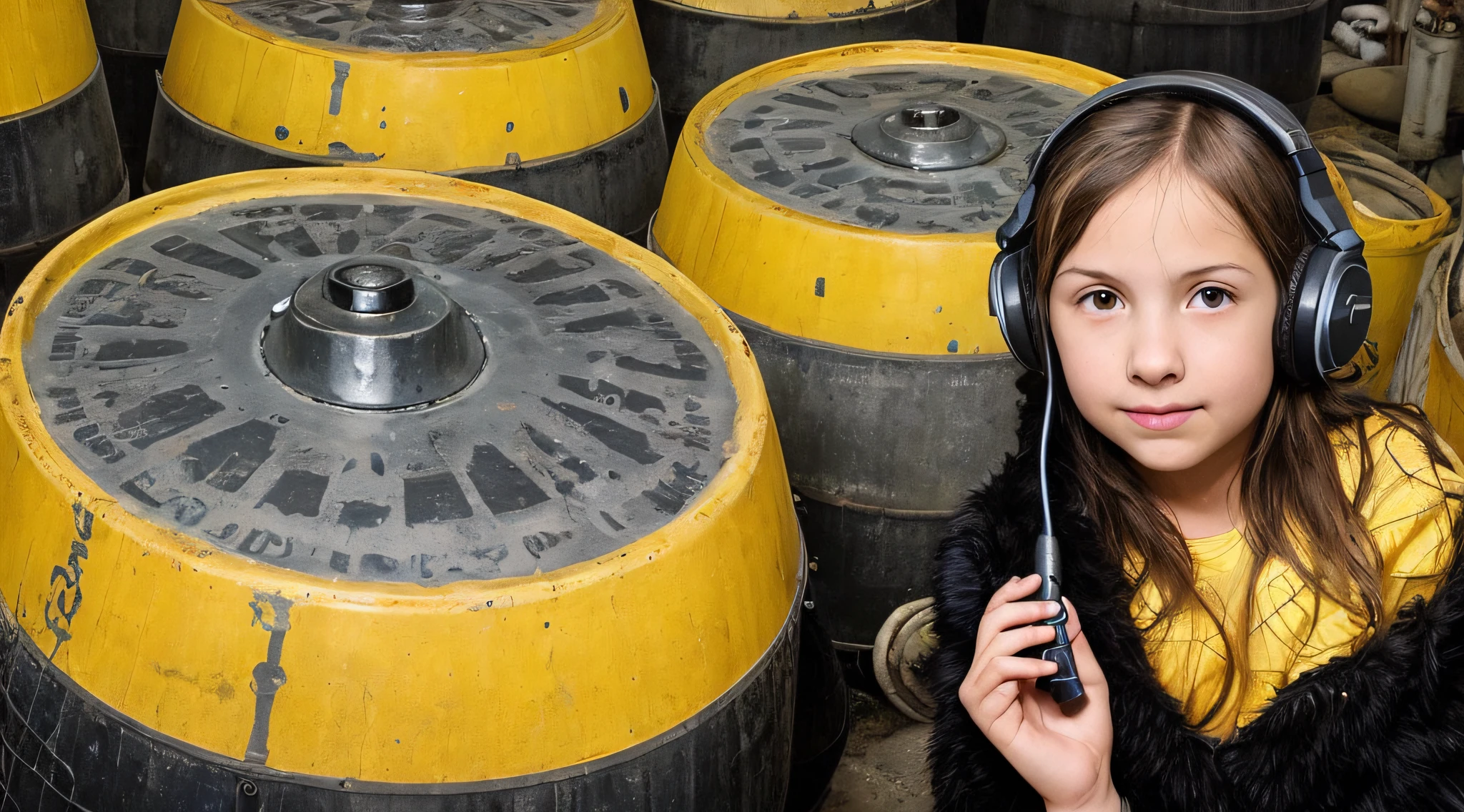 GIRL CHILD 8 YEARS OLD BLONDE HAIR, LONG, CLOSE UP, RUSSIAN STYLE HEADPHONES, BLACK FUR COAT, a closeup of a large pile of yellow barrels with radioactive symbols, nuclear waste, radioactive wastelands, toxic waste, radioactive particles, nuclear wastelands, radioactive, uranium, nuclear, nuclear fallout, post-nuclear, nuclear fashion, post-nuclear fallout,  nuclear energy, future of nuclear energy, nuclear, nuclear art, nuclear reactor, nuclear energy, radiation, toxicity, contaminated