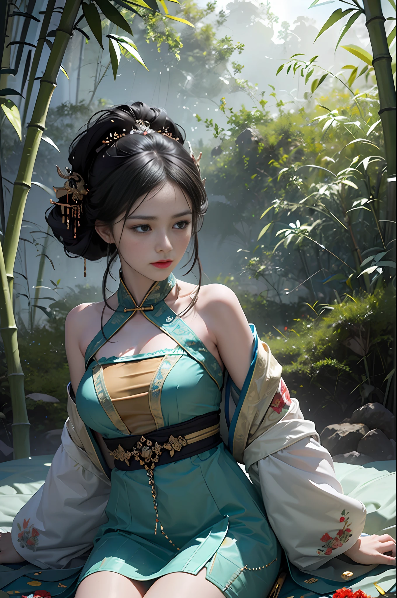 official art, Unity 8k wallpaper, super detailed, beautiful, beautiful, masterpiece, best quality, mystery, romanticism, horror, literature, art, fashion, tang dynasty era, decoration, intricate, embroidery, green hanfu, green tulle, 1 girl, big breasts, black hair, fatalism, bust composition, dramatic composition, movie lighting, dynamic perspective, sexy, bare shoulders, bare thighs, full of temptation, deep in bamboo forest, bamboo forest, bamboo leaves falling, small red flowers, bamboo forest background, cloudy mist, dramatic composition,