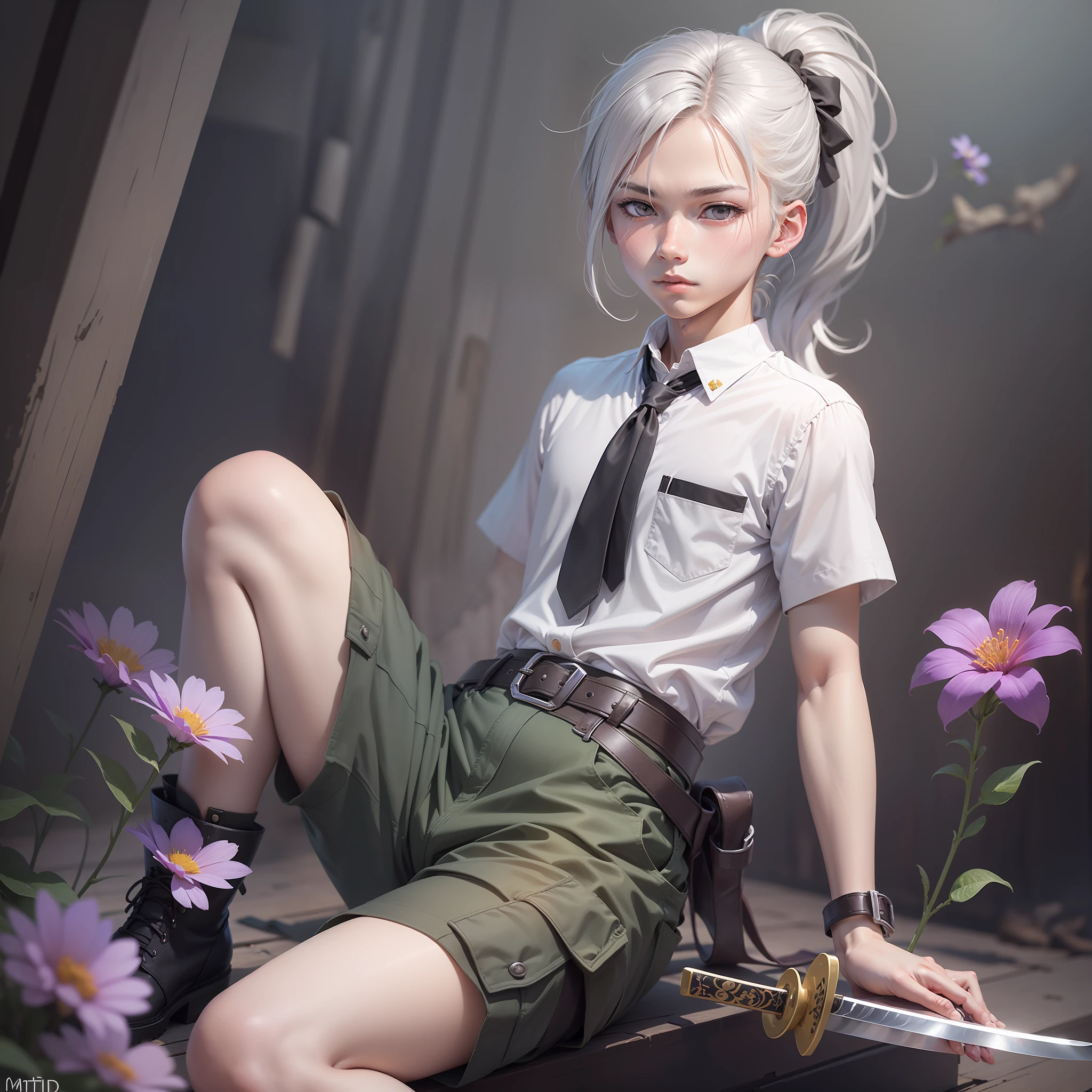 "Two-dimensional 14-year-old boy, beautiful eyes, clear eyes, beautiful face, silver hair, full-body photo, black cargo shorts, white English gorgeous shirt, Martin boot ties decorated with purple flowers, exquisite katana at waist, short ponytail, CG rendering, reference to the style of the Japanese anime "Black Deacon"