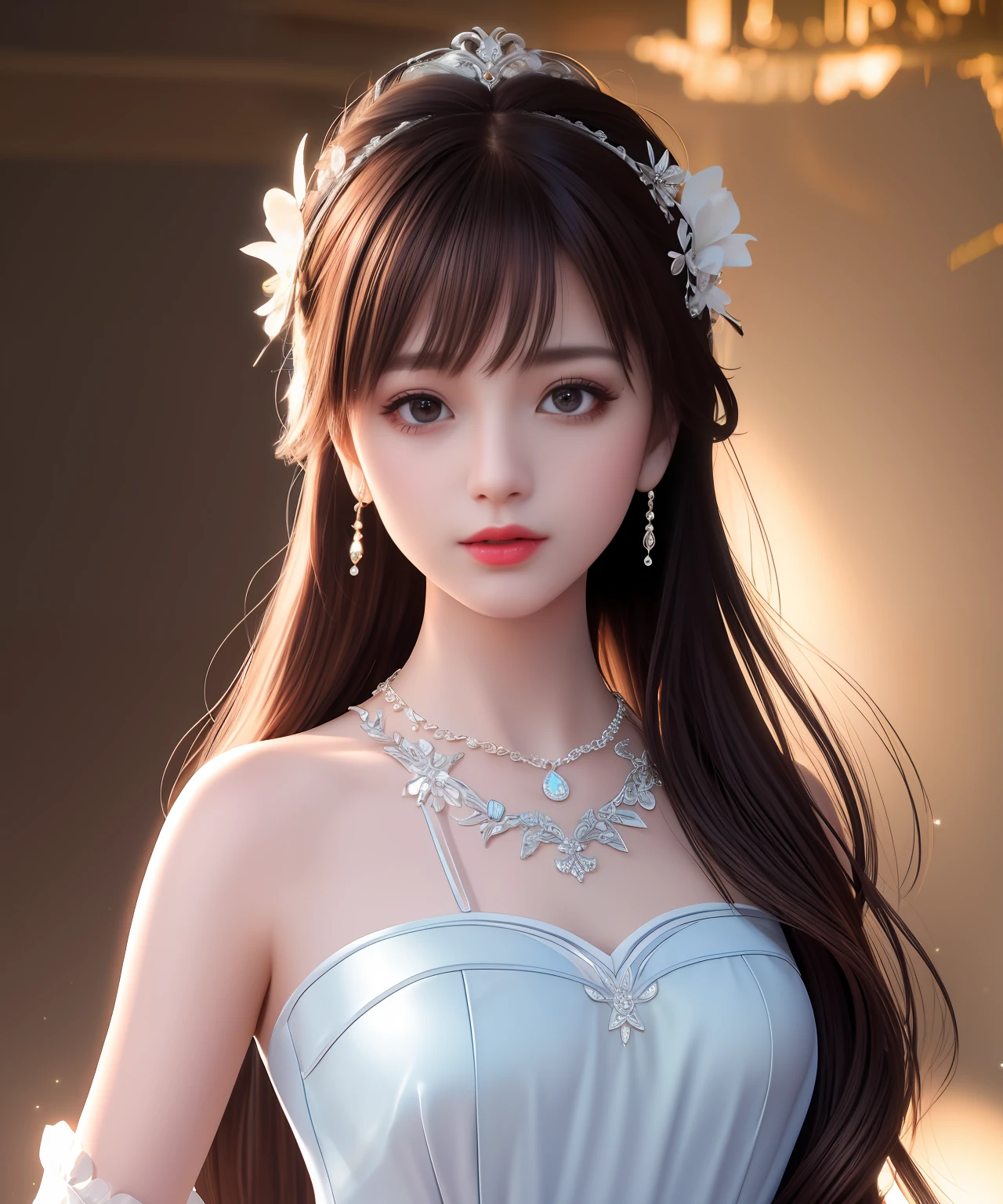 Best quality, masterpiece, high resolution, 1girl, porcelain dress, hair accessories, necklace, jewelry, beautiful face, on the body, Tyndall effect, realistic, dark studio, edge lighting, two-tone lighting, (high detail skin: 1.2), 8k UHD, dslr, soft light, high quality, volumetric light, candid, photo, high resolution, 4k, 8k, background blur,