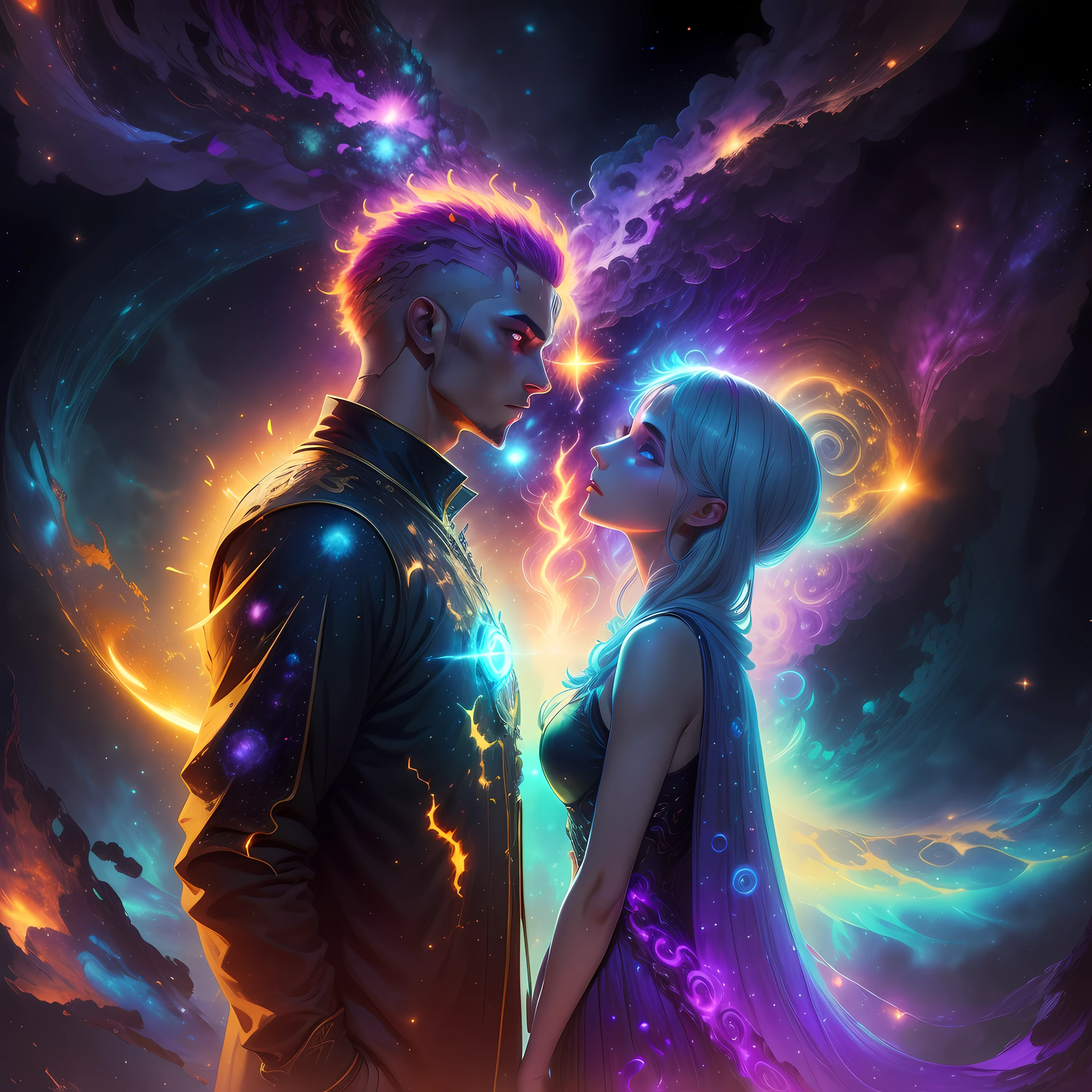 couple, man and woman, looking forward, boreal aureole, psychedelia, bluish tones, dark, galaxies, ufo, psychedelics, ((best quality)), ((masterpiece)), ((realistic)), There is a couple who are together, Fantasy Art Style, Fantasy Art Style, close-up, bright colored swirls of light in the sky above a couple, bright colored swirls of light in the sky above a couple, colorful glow, 4k, color hd image, vivid bright colors, professional photography of, neonlight, magic, mage, flame, burn, blue and purple, magical environment, hyper detailed, 64k, illumination, celestial, divinity, light particles, halo, looking at the viewer, (bioluminescent: 0.95) flame, bioluminescence, phoenix, vibrant, colorful, color, (brightness, brightness), (beautiful composition), cinematic lights, intricate, (symmetry: 0.5), alien planet