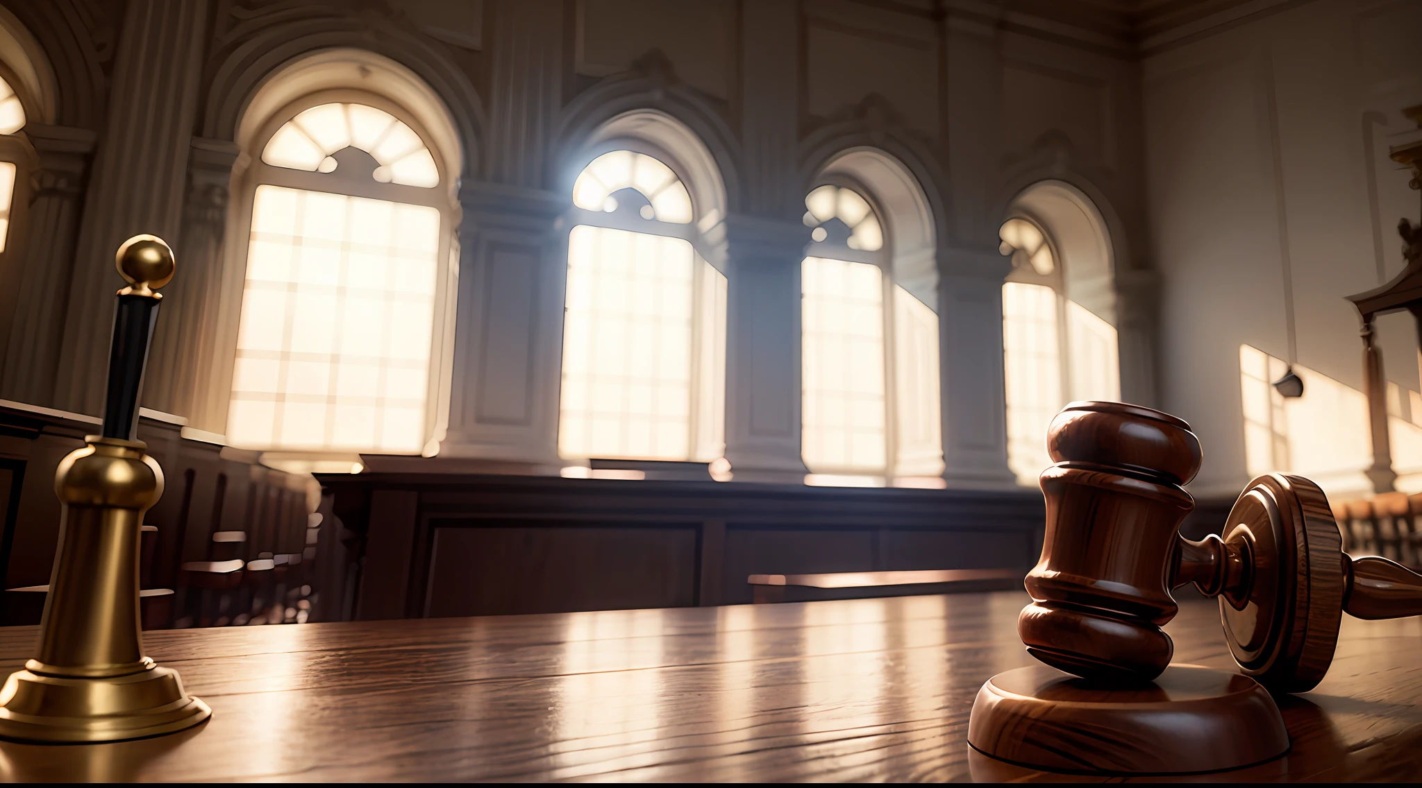 wooden gaven on a table in a courtroom with a light shining through the windows, images of the courtroom, judge's hammer, hammer