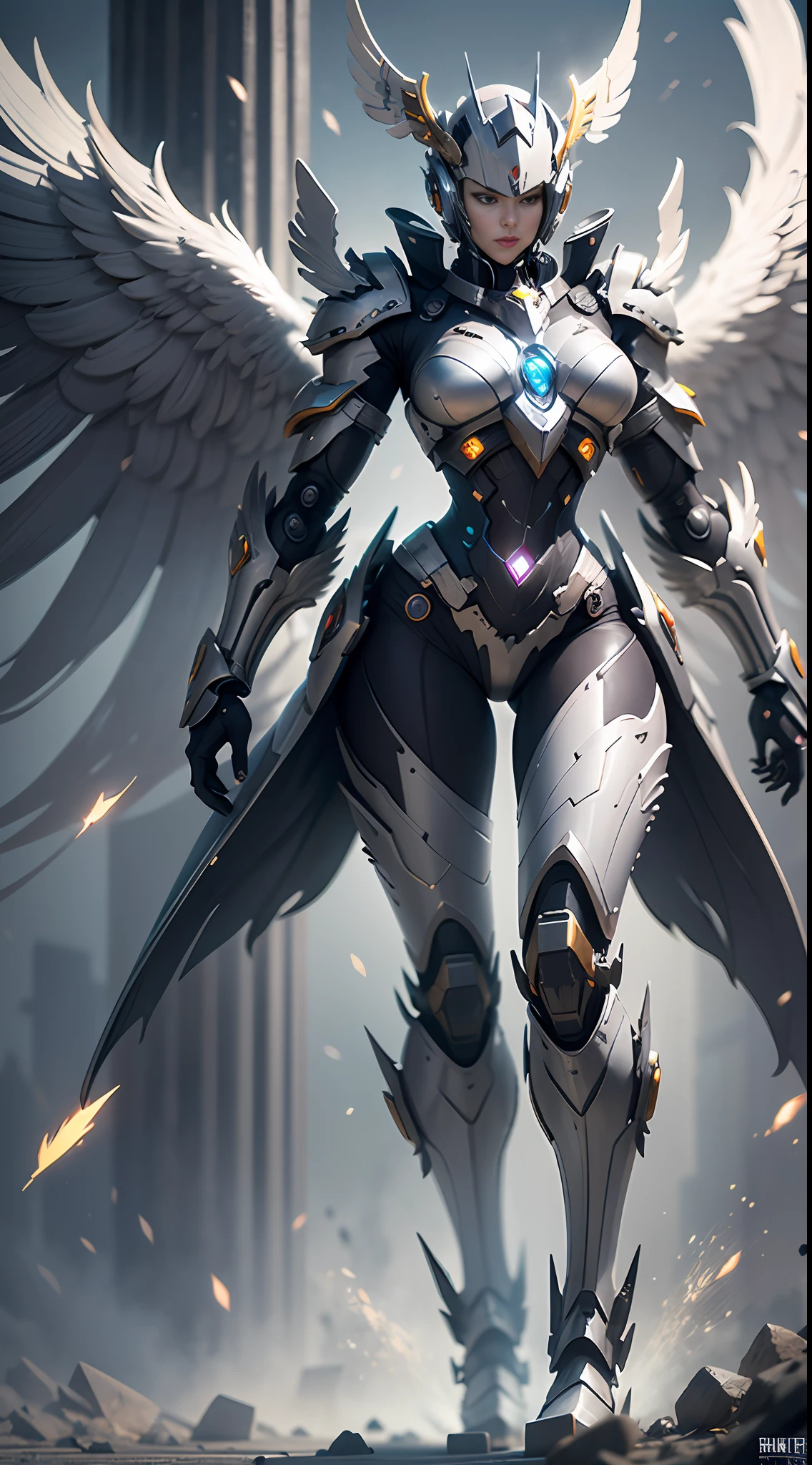 Steampunk style, cool colors, cinematic effects, huge sci-fi mecha, white-gold mecha with strong metallic luster, metallic wings on the back, wings are feathers and layered, holding Fang Tianji, Fang Tianji particle light, Fang Tianji particle special effects, aesthetic, scattered, battle posture, battle posture display, super details, perfect details, 8K, top painting, feature article, studio environment, concept art, epic composition, with HD details, metallic texture and tension composition, hyper-realistic, ultra-realistic, rich in detail.3D. C4D,