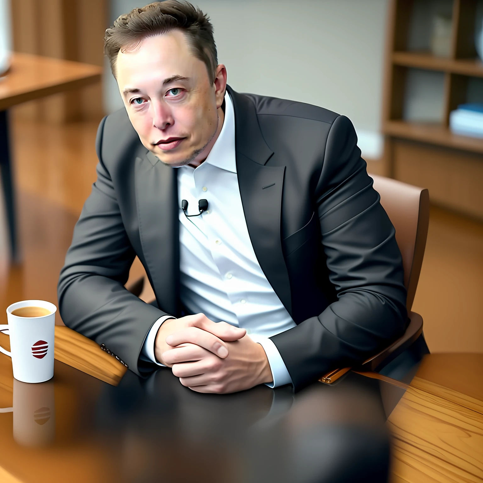"Executive sitting at the table with Elon Musk, wearing a super realistic suit."