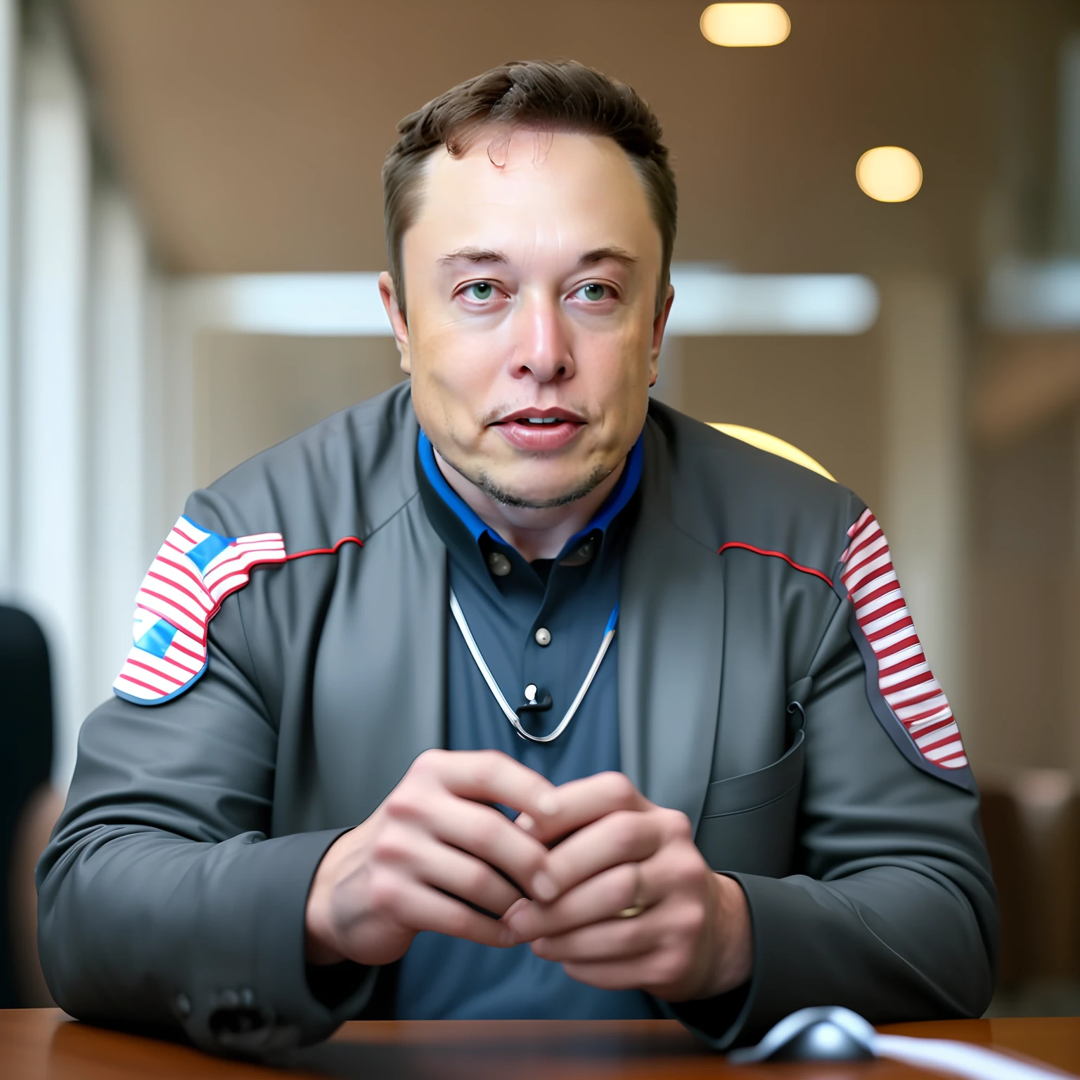 "Executive sitting at the table with Elon Musk, wearing a super realistic suit."