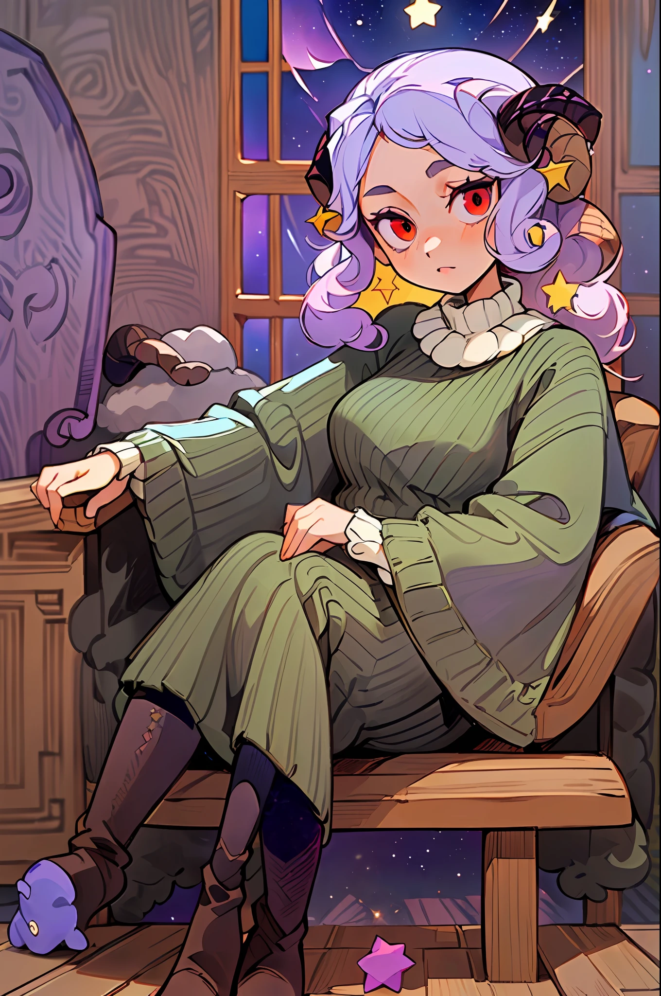 ((A Girl with sheep features):1.5) ,curly hair, (wearing a lilac wool sweater:1.4), ((red eyes):1.3),jeans, black boot, looking at the viewer, ((in the (star room) , dark plank floor, sitting in the (armchair/asymmetrical) window behind):1.6), arms propped up on the armchair