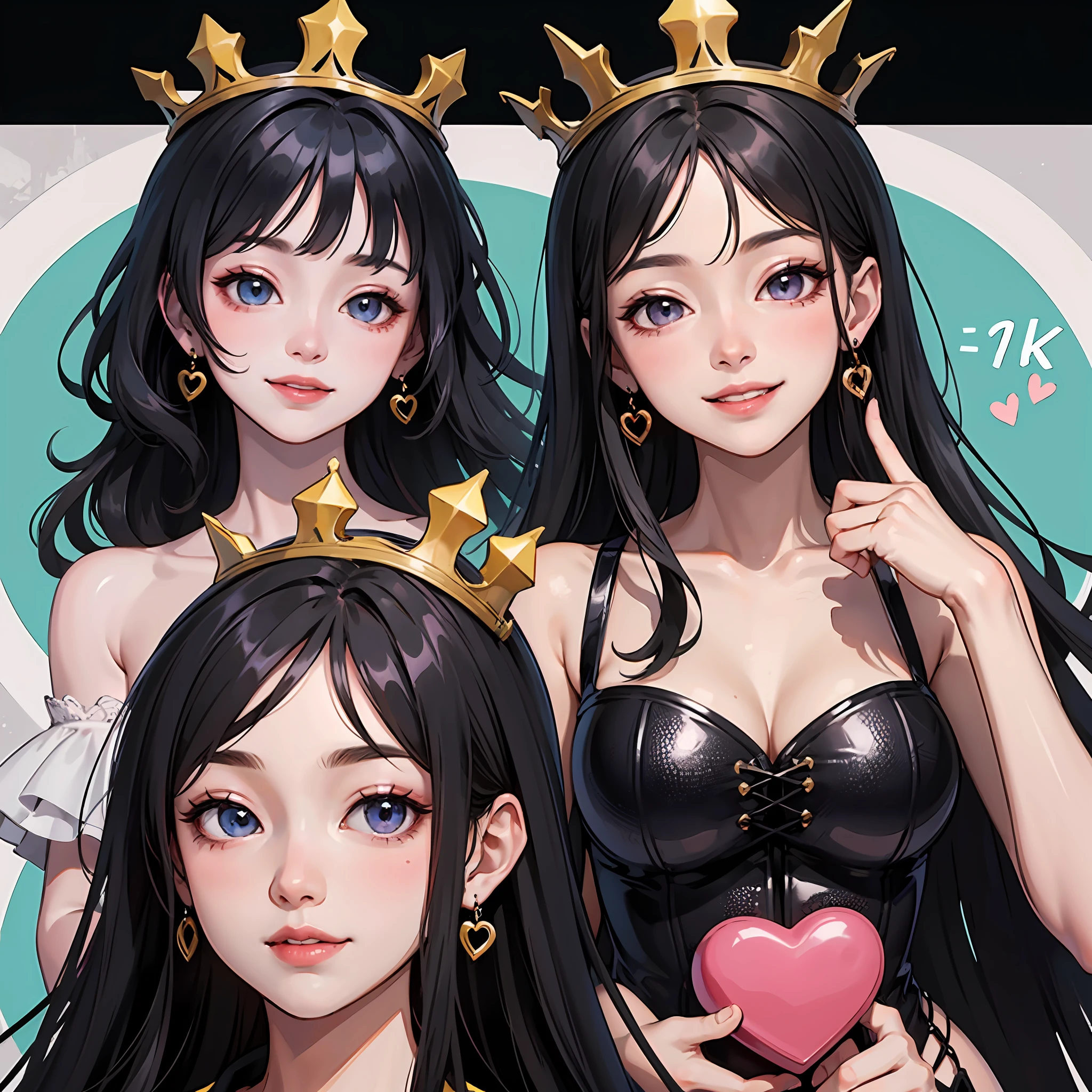 black hair, colored inner hair, colored inner hair, colored inner hair, crown, heart earrings, smile, light smile, blush, Surrealism, character chart, , Surrealism, 8k, super detail, super detail, high quality, award winning, best quality, 16k, HD,