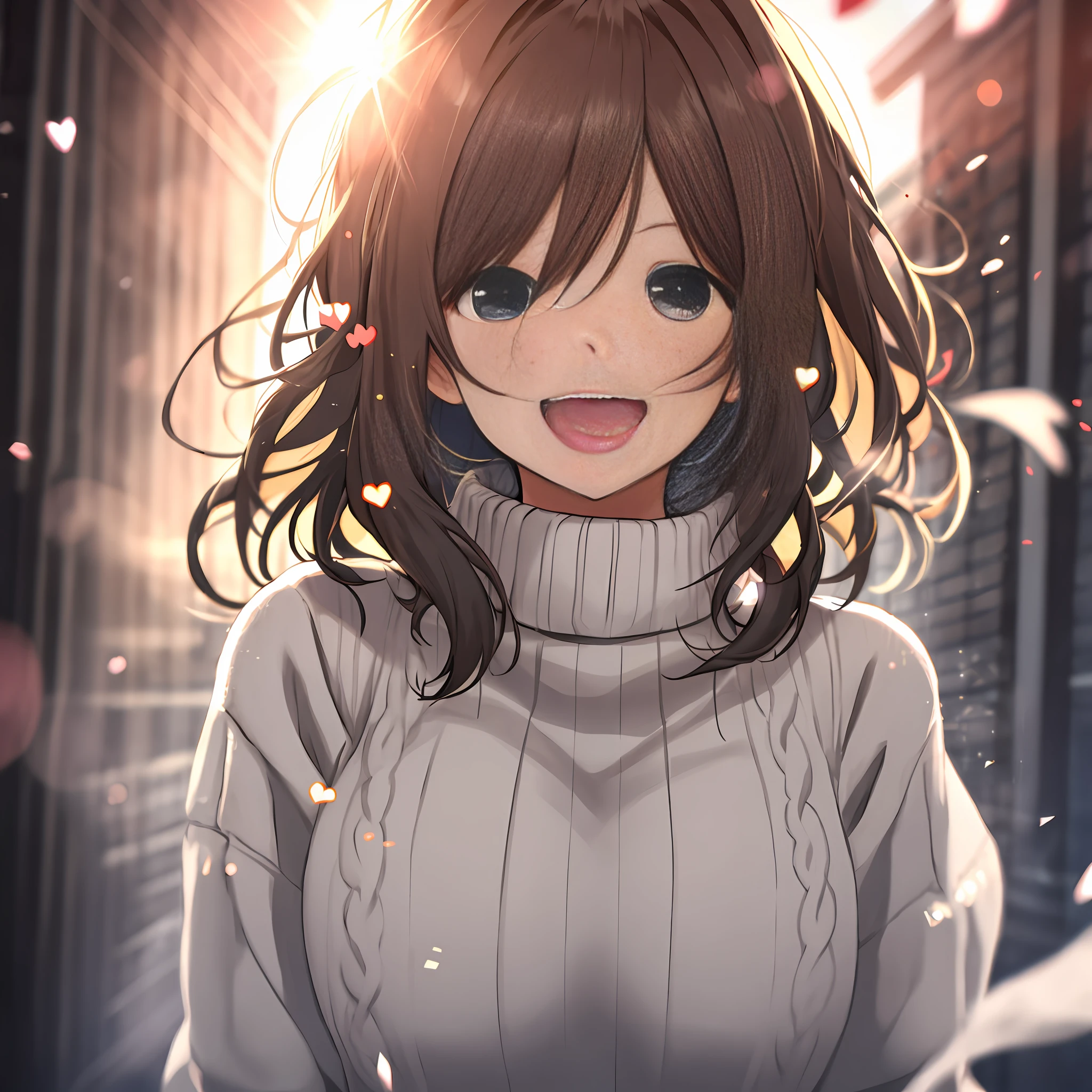 a girl, cosy sweater on, upper body, (huge Laughing:1.1), (open mouth:1.1), (wide open eyes:1.2), sun glare, bokeh, depth of field, blurry background, light particles, strong wind, (heart particles:1.1)