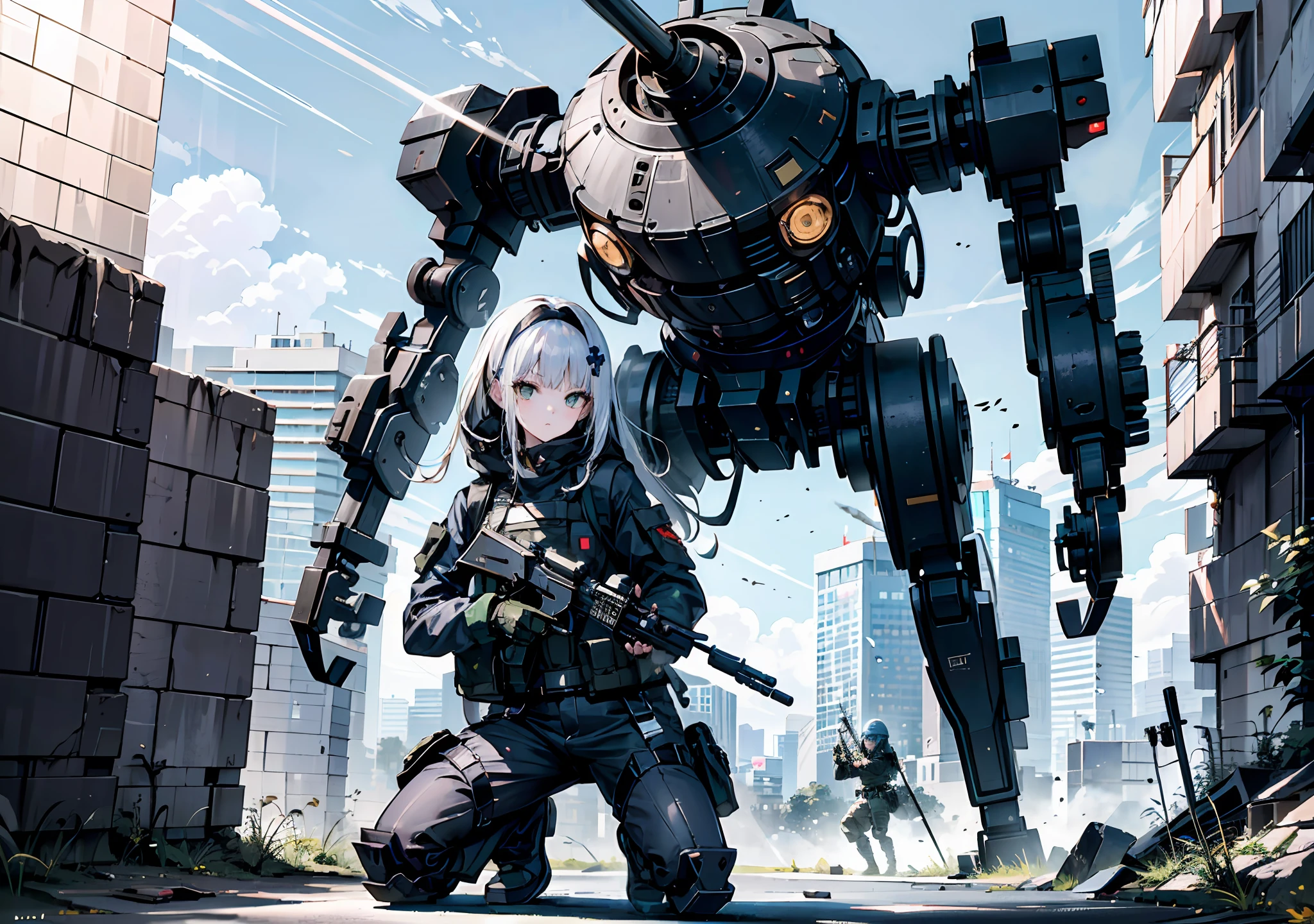 {{Masterpiece, top quality, highly detailed CG, unified 8k wallpaper, movie lighting, lens flare}}, (girl kneeling position, looking into aiming, 1 girl soldier holding an anti-tank rifle and facing a huge military robot), wide view, thick body, Photorealistic: 1.4, long blonde hair, green eyes, (holding an anti-tank rifle), aiming accuracy 1.4, H& K HK416 carbine, direct light, night footage with a lens flare of f/1.8, shot at a depth of field of 35mm, on rubble ((Shinjuku with five male special forces SWATs in battle)), (a girl snipes a huge military robot visible through a gap in a group of buildings),