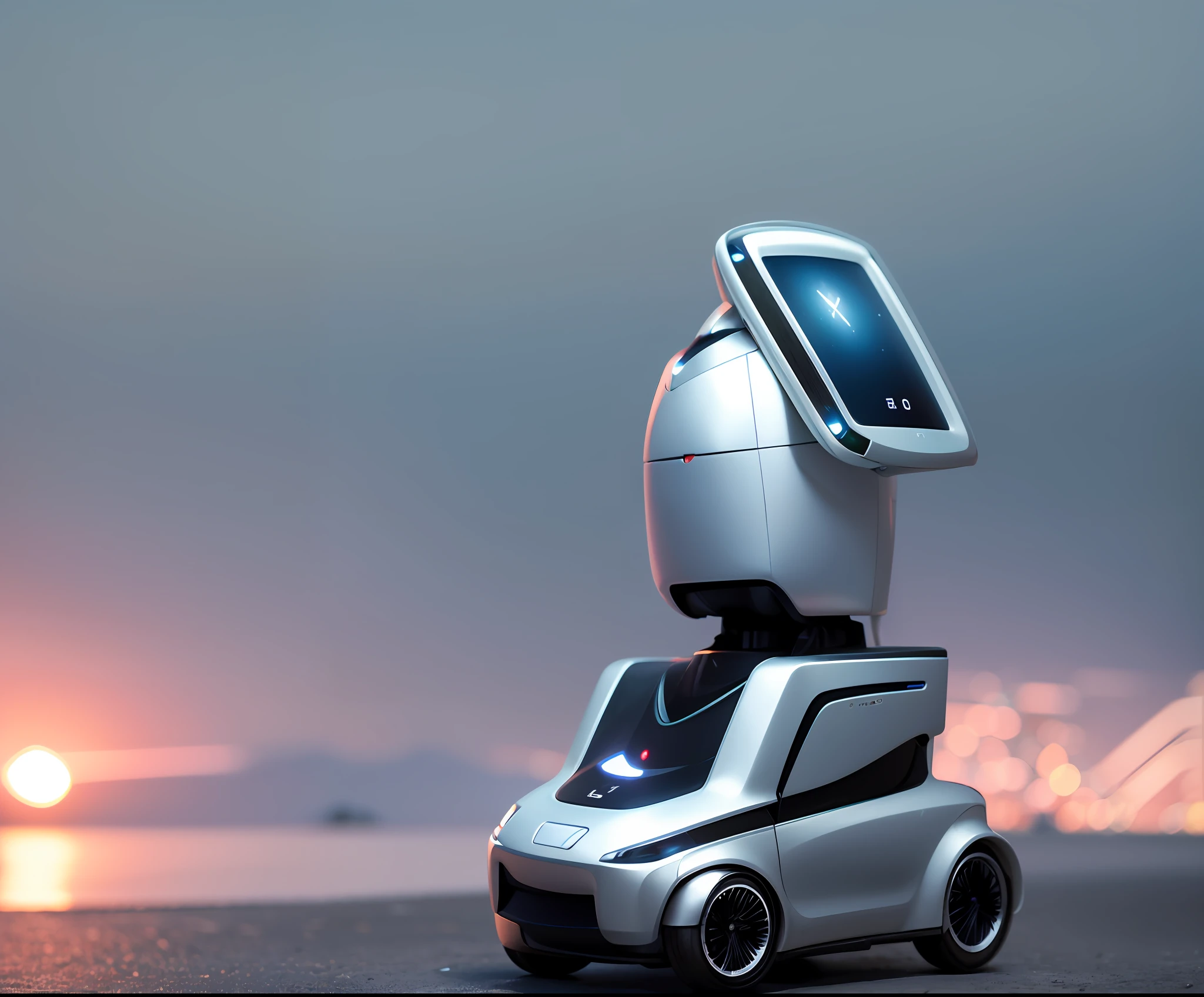 there is a small robot that is sitting on top of a car, security robots delivery, humanoide robot, futuristic product car shot, service robots, scout police robot, concept robot, futuristic wheelchair, friendly humanoid cyber robot, sleek robot, integrated synthetic android, view is centered on the robot, robot with human face, futuristic robot, friendly humanoid robot