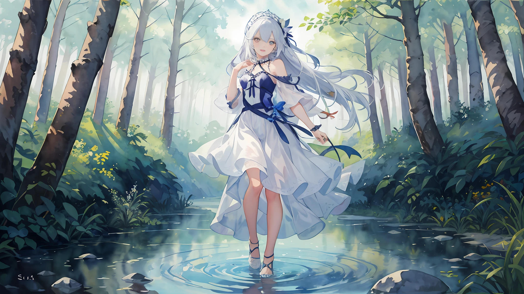 (Best Quality), (Masterpiece: 1.2), (Colorful: 0.9), (Ink Splash)), (Color Splash), ((Watercolor)), Clear Focus, Model Shot, Full Body,
(Summer Portrait Goddess: 1.5), cute look, elegant white colored hair, beautiful detailed face and eyes, elegant goddess clothes, ((Summer forest background)),
colorful, water, forest, ((watercolor)),--S,-- chaos 50