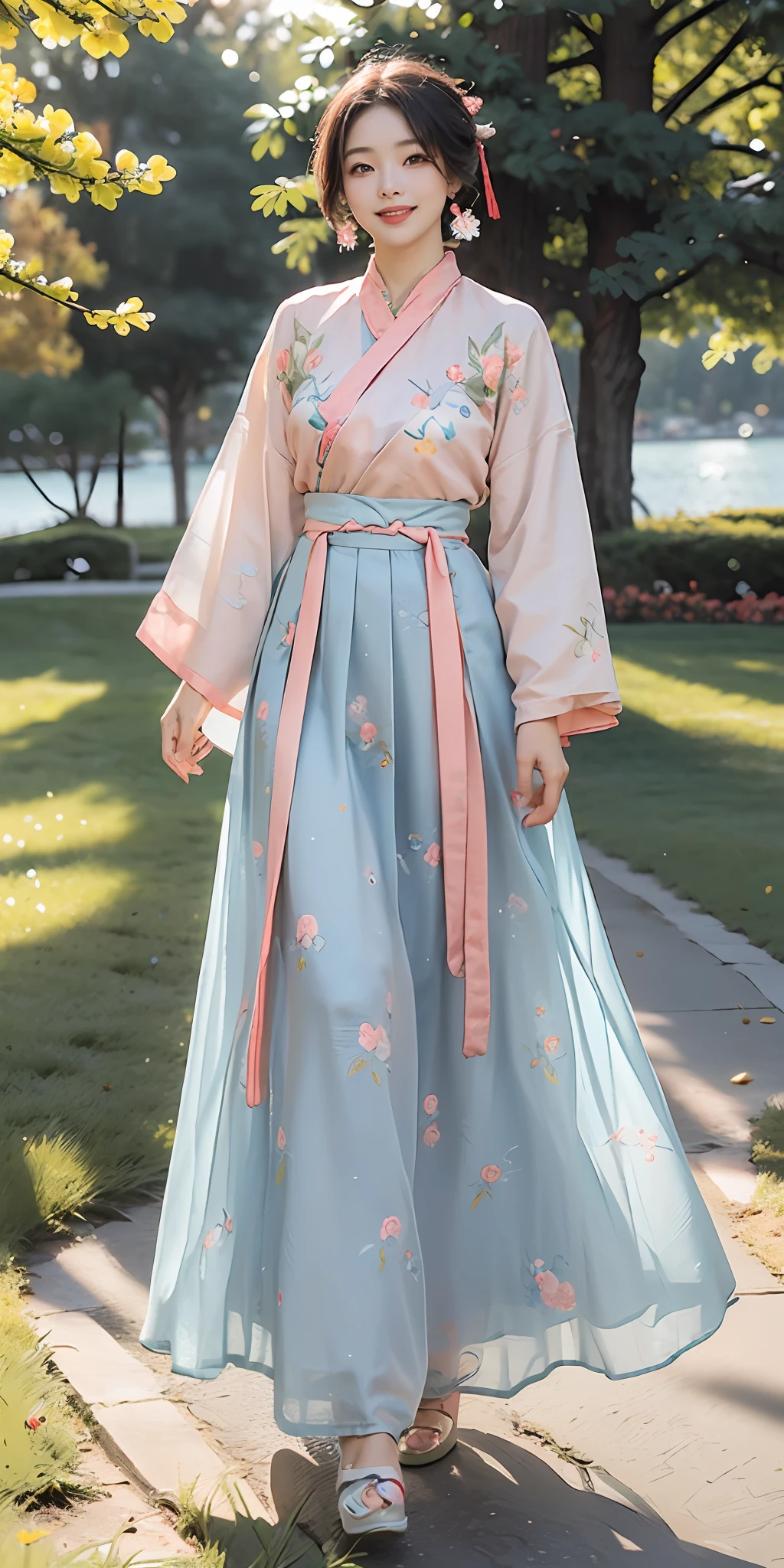 1girl, floral print, (blue/white/red/black/yellow/pink print chinese shirt), (pink/yellow/blue/white/red/black print long skirt), full body, short hair, smile, outdoor, park, lawn, flowers, trees, sunlight, lake, big breasts,