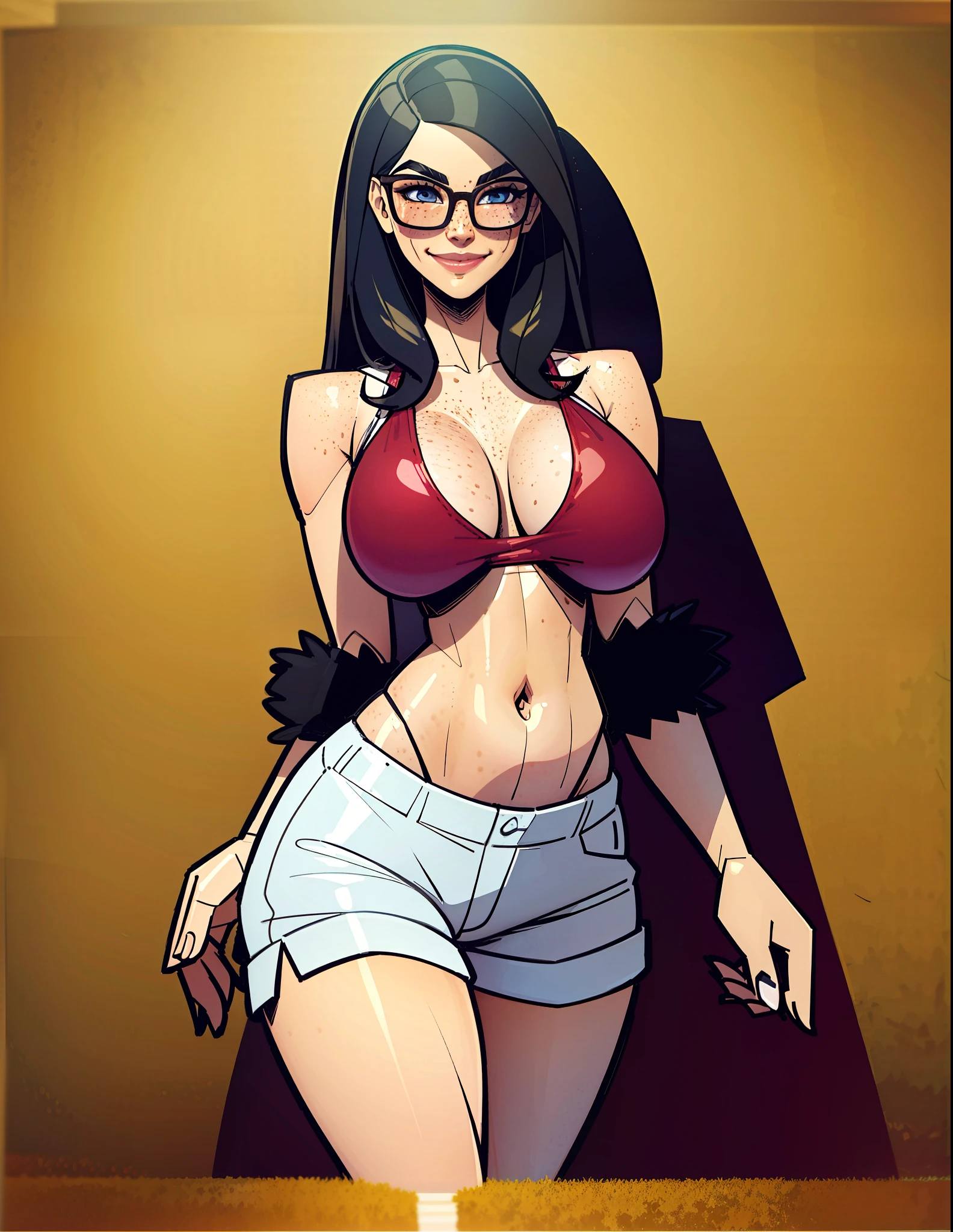 Archaeologist milf, huge breasts, long black hair, freckles on the face, glasses, blue eyes, extremely short pants, white sneakers, shirtless, breasts covered by an extremely small red swimsuit, mischievous smile, large lips, small nose, mature face, breasts by top of the breasts, aesthetic legs, wide hips, small waist