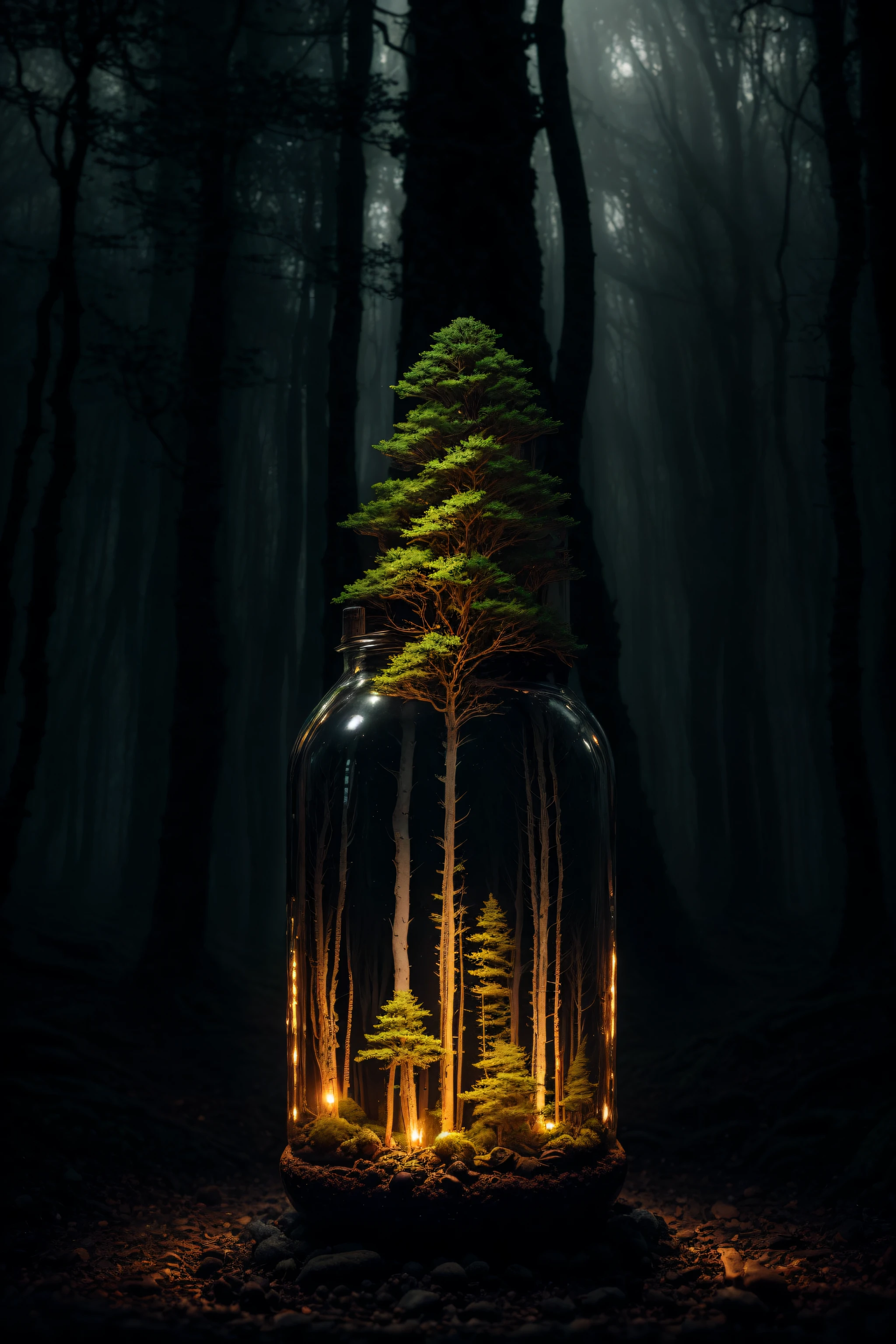 (An intricate forest minitown landscape trapped in a bottle), atmospheric oliva lighting, on the table, 4k UHD, dark vibes, hyper detailed, vibrant colours forest background, epic composition, octane render, sharp focus, high resolution isometric