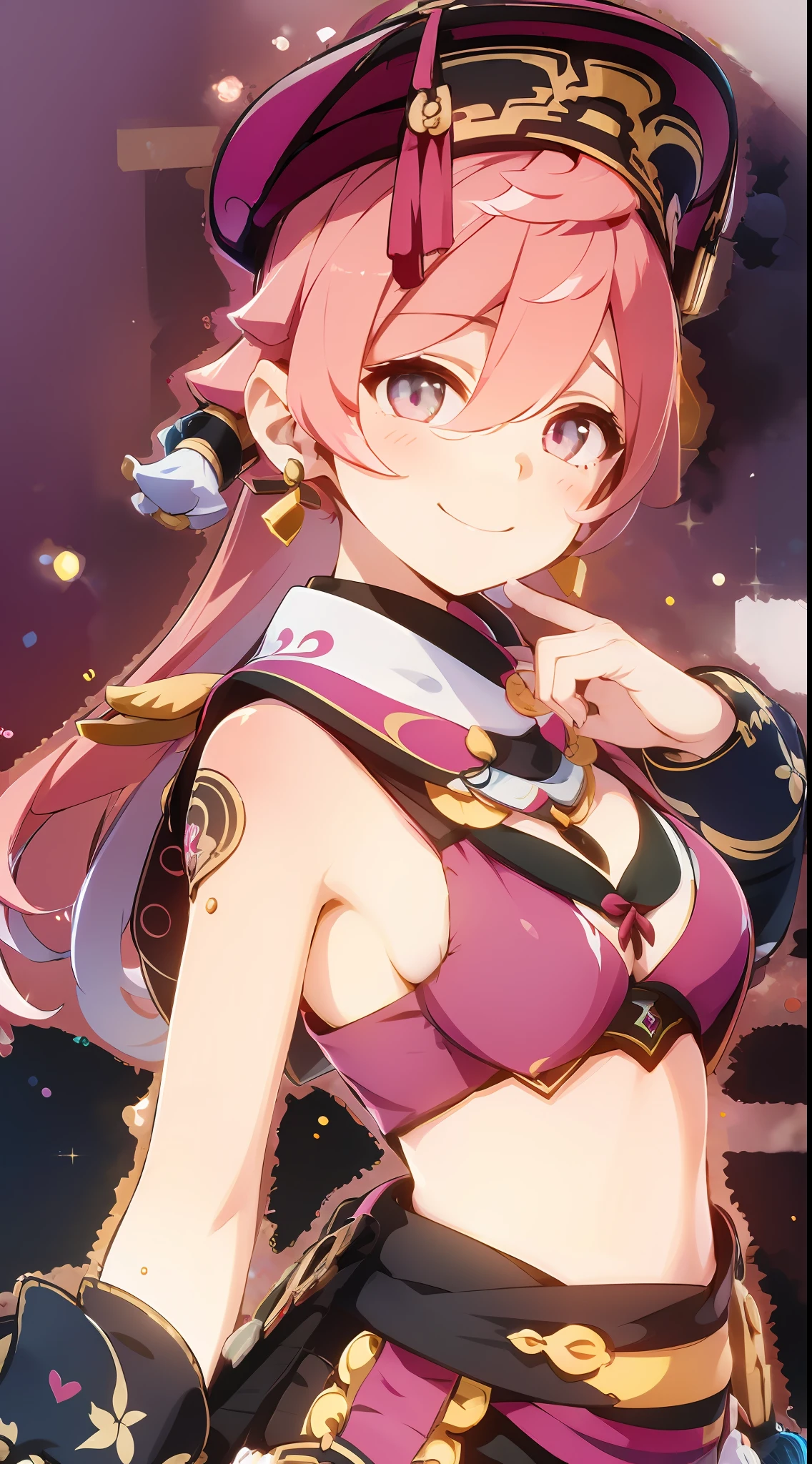 1girl, (solo:1.2), ((masterpiece)), [slim], (small chest), ((detailed eyes)), (bokeh effect), dynamic pose, medium shot, yanfei, pink hair, red headwear, closed mouth, smiling, (pink theme), pink skirts, middriff