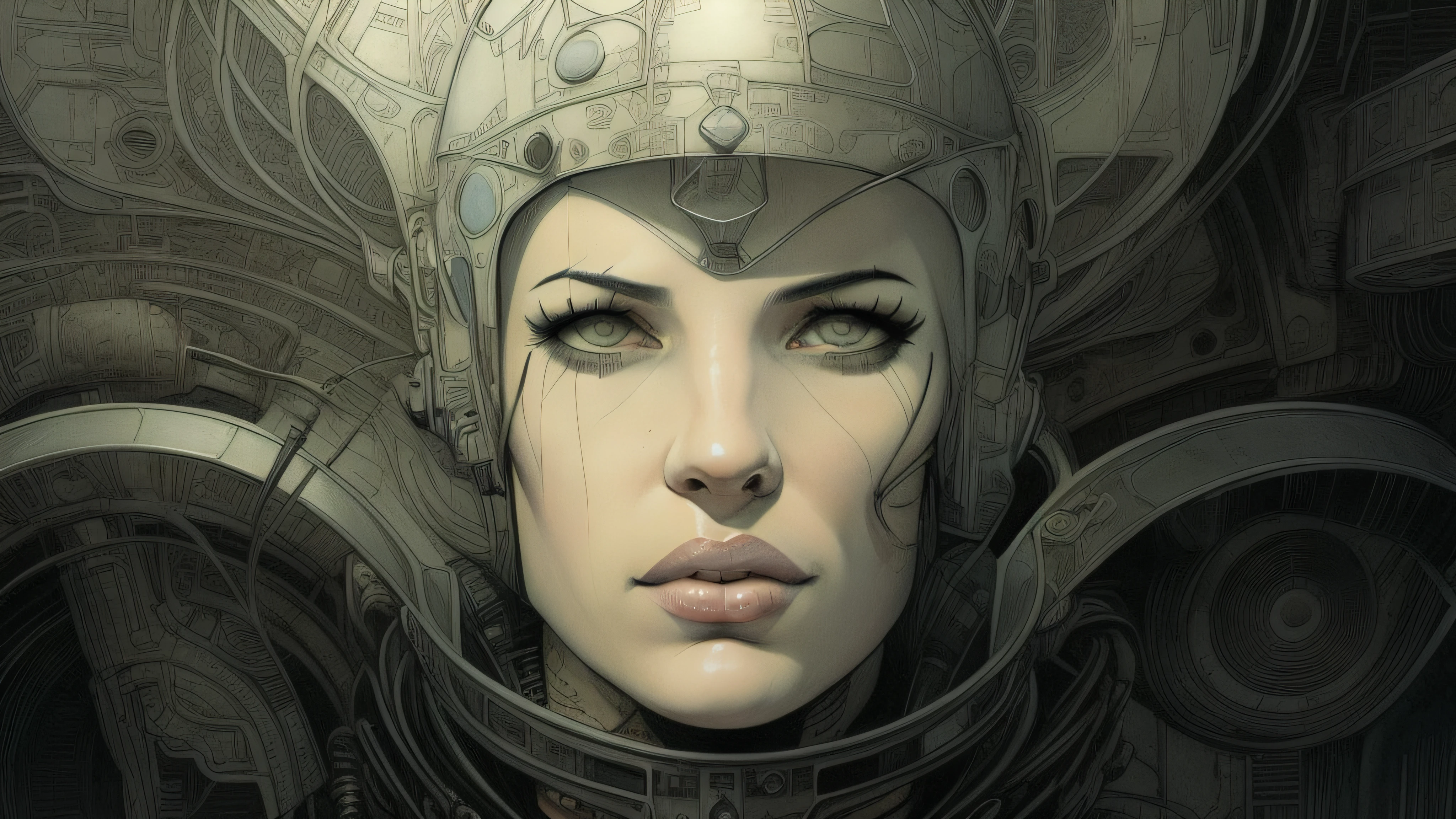 there is a drawing of a woman with a helmet on, martin ansin artwork portrait, detailed sci-fi art, ripley, drew struzan illustration art, hr giger artwork, ellen ripley, art of hans ruedi giger, art giger, drew struzan tomasz alen kopera, alien portrait, martin ansin, symmetrical portrait scifi --auto