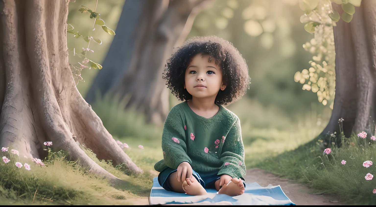6 year old girl, black, curly hair, sitting on the ground with a small dark brown Yorkshire dog, flowery hill with flowers, warm tones, very green, tree high in the background, blue sky, late afternoon sunshine, photographic quality, 8k