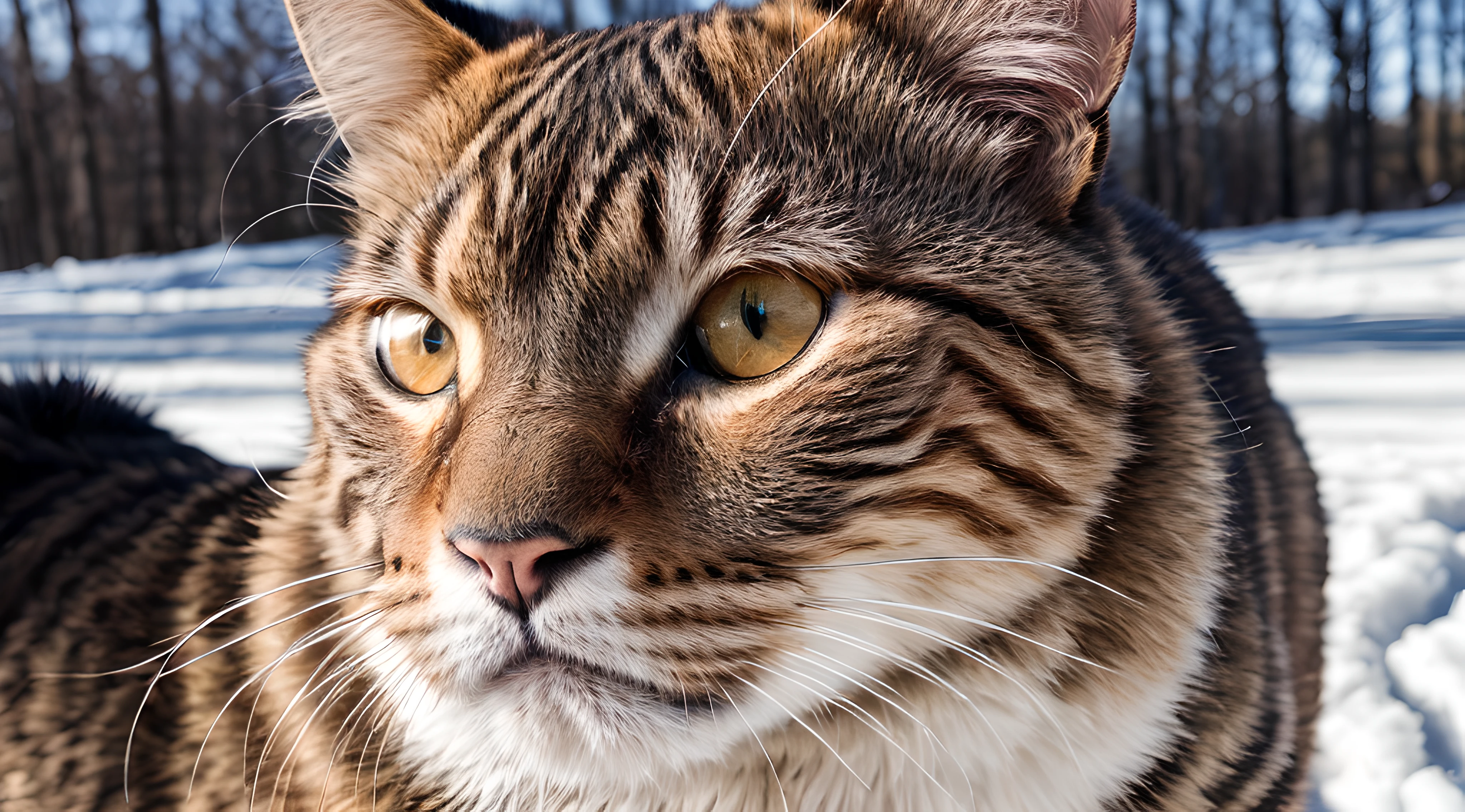a close up of a tusuncat walking in the snow, blurry, looking at viewer, depth of field, blurry background, full body, solo, (cute and lovely:1.4), Beautiful and realistic eye details, perfect anatomy, (Nonsense:1.4), (pure background:1.4), Centered-Shot, realistic photo, photograph, 4k, hyper detailed, DSLR, 24 Megapixels, 8mm Lens, Full Frame, film grain, Global Illumination, (studio Lighting:1.4), Award Winning Photography, diffuse reflection, ray tracing,