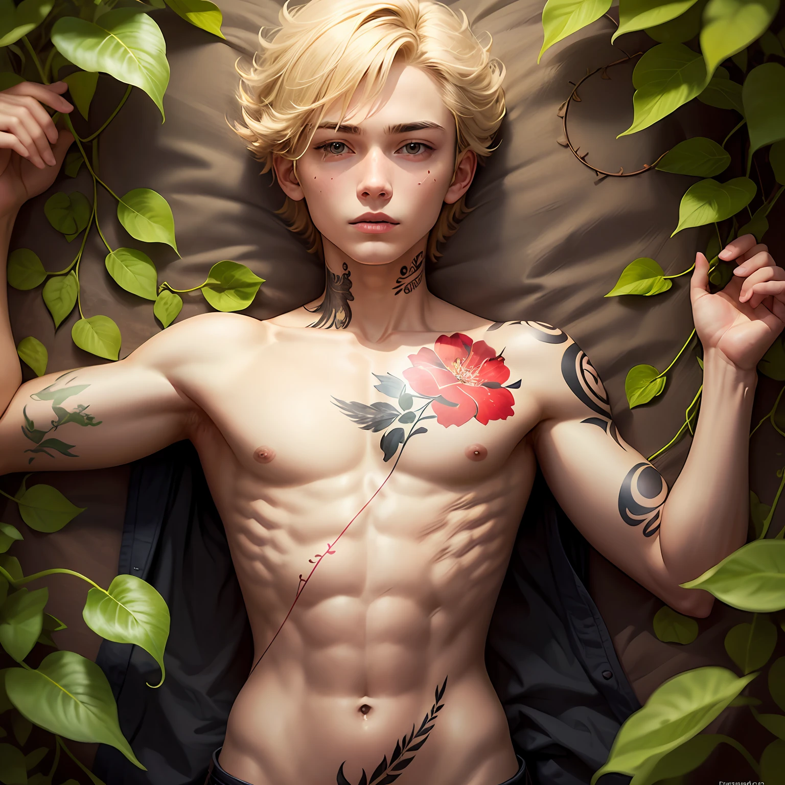 A 15-year-old blonde boy with tattoos on his back and hips. On his back, there is a thin vine tattoo that starts from the shoulder and runs down the spine. The vines are full of gorgeous flowers with small leaves dotted between the flowers. The tattoo extends to his hips to form a soft arc, where the tattoo takes on the texture of a feather, delicate and delicate. The whole tattoo gives a unique and mysterious feeling, contrasting with the image of the boy's blonde hair.